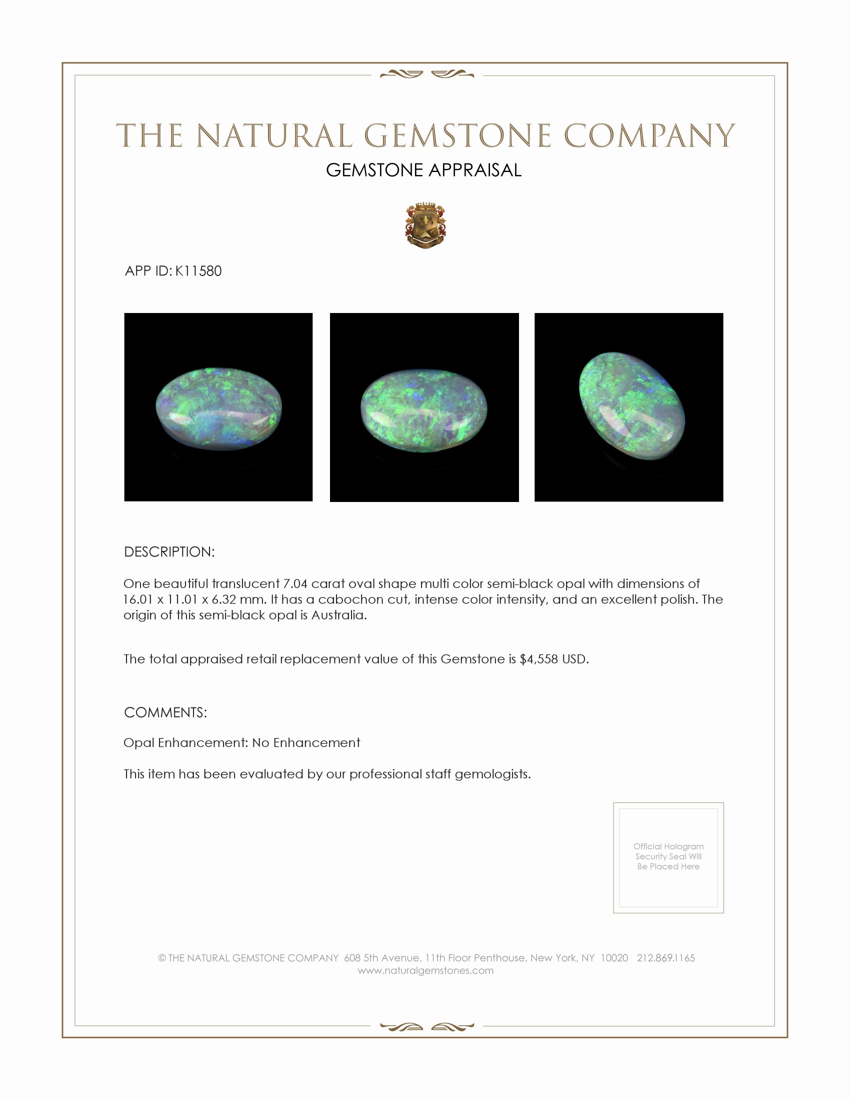 7.04 Ct. Multi Color Cabochon Semi-Black Opal from Australia