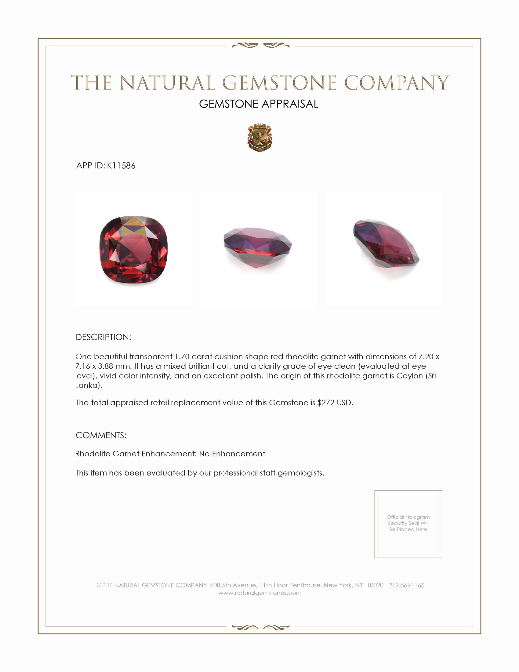 1.70 Ct. Rhodolite Garnet from Ceylon (Sri Lanka)
