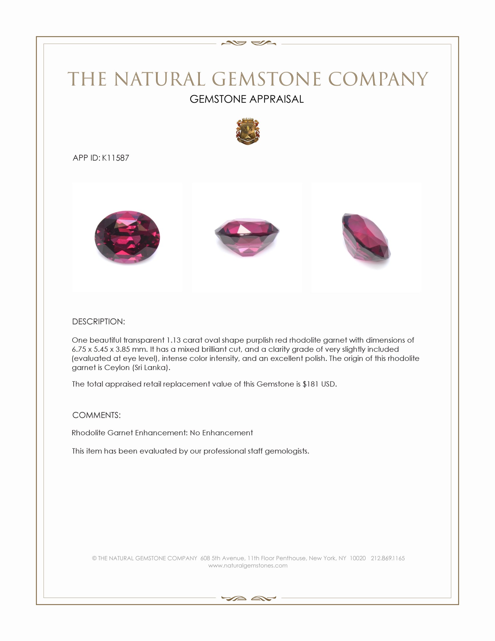 1.13 Ct. Purplish Red Rhodolite Garnet from Ceylon (Sri Lanka)