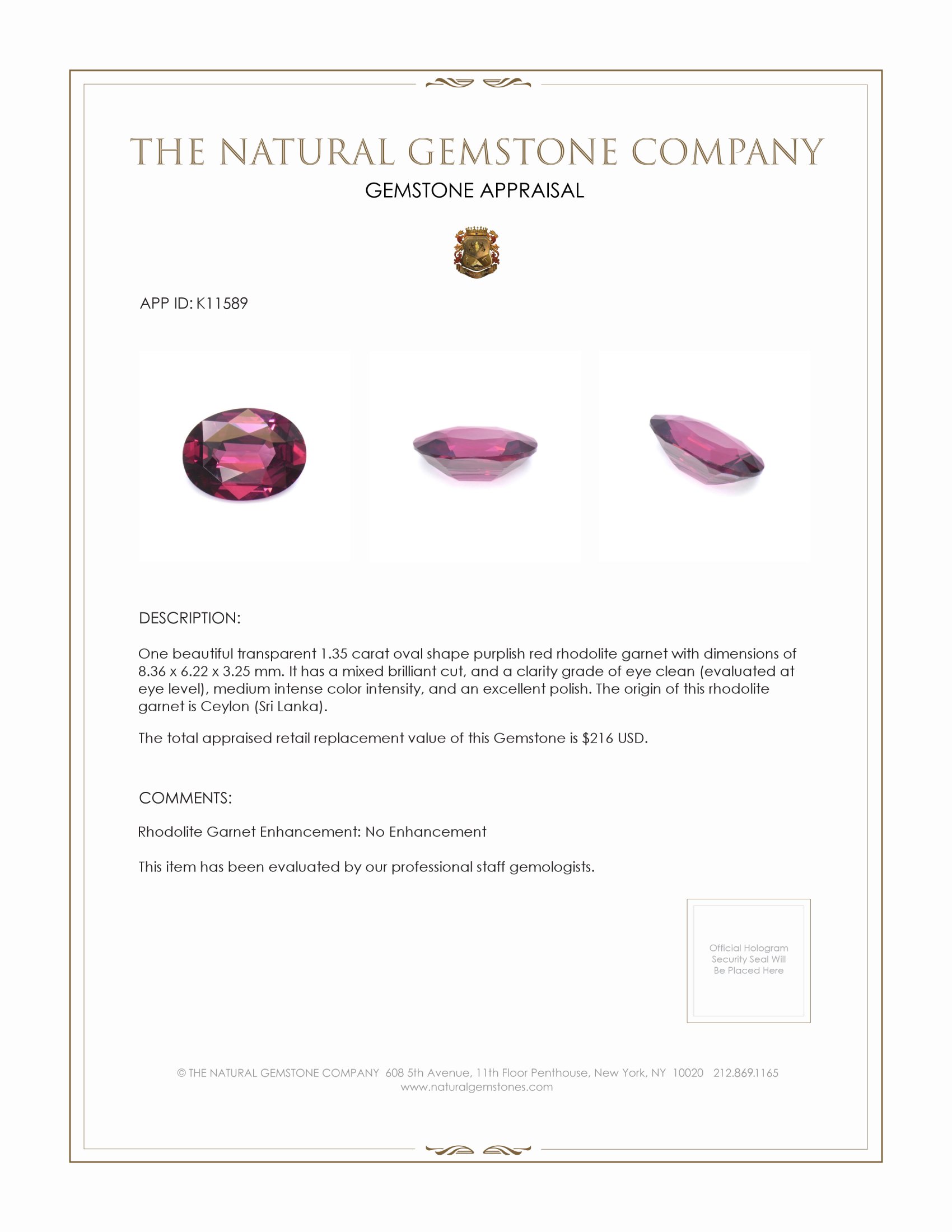 1.35 Ct. Rhodolite Garnet from Ceylon (Sri Lanka)