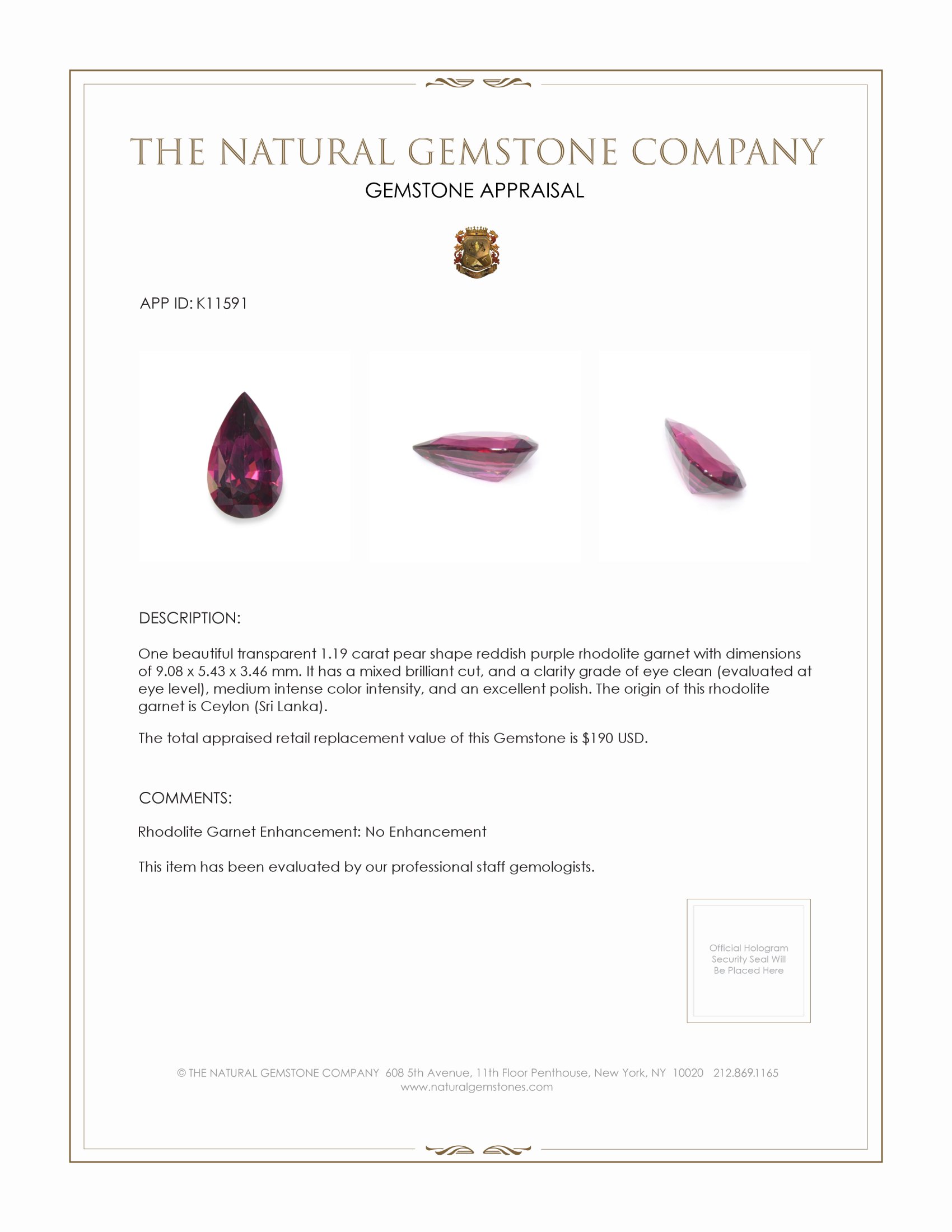 1.19 Ct. Rhodolite Garnet from Ceylon (Sri Lanka)
