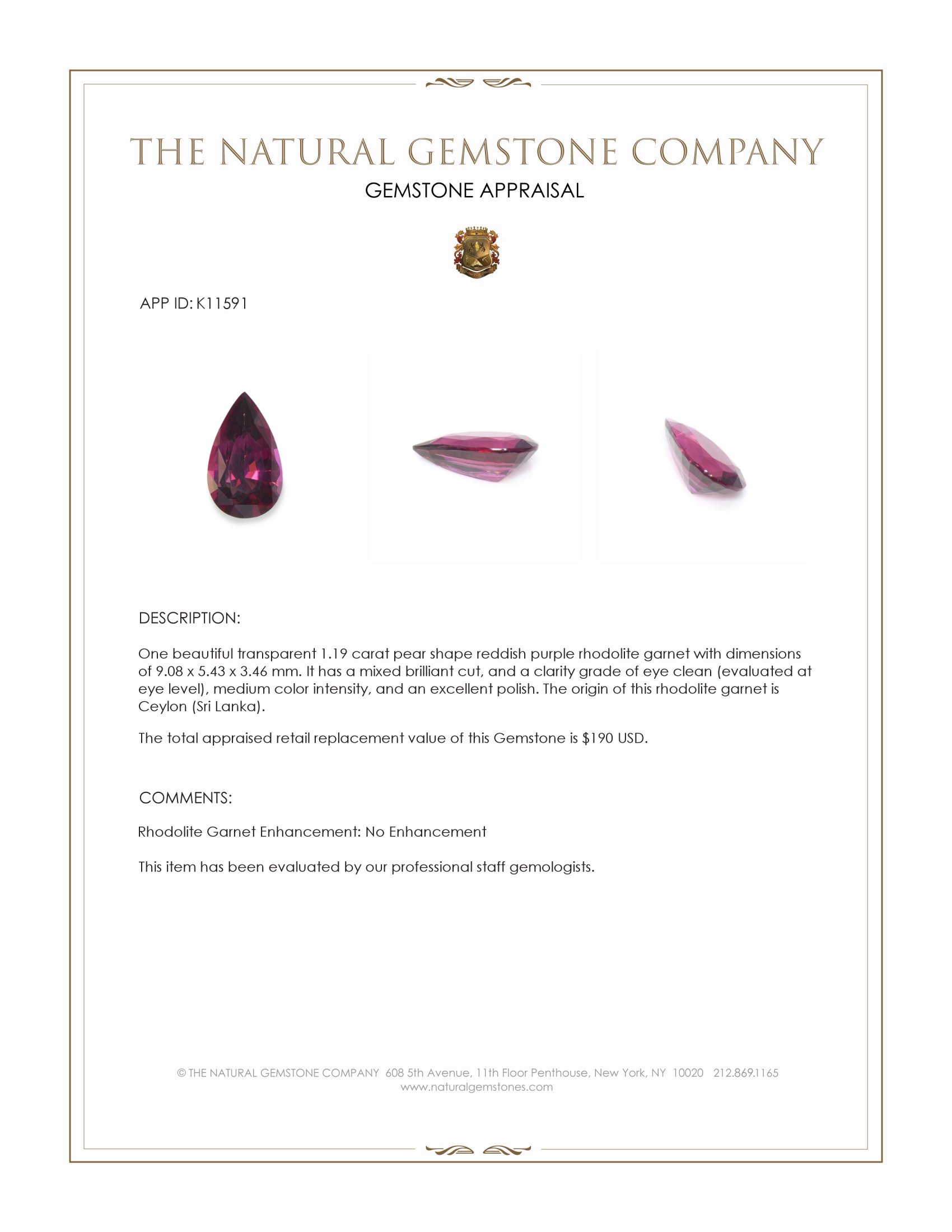 1.19 Ct. Reddish Purple Rhodolite Garnet from Ceylon (Sri Lanka)