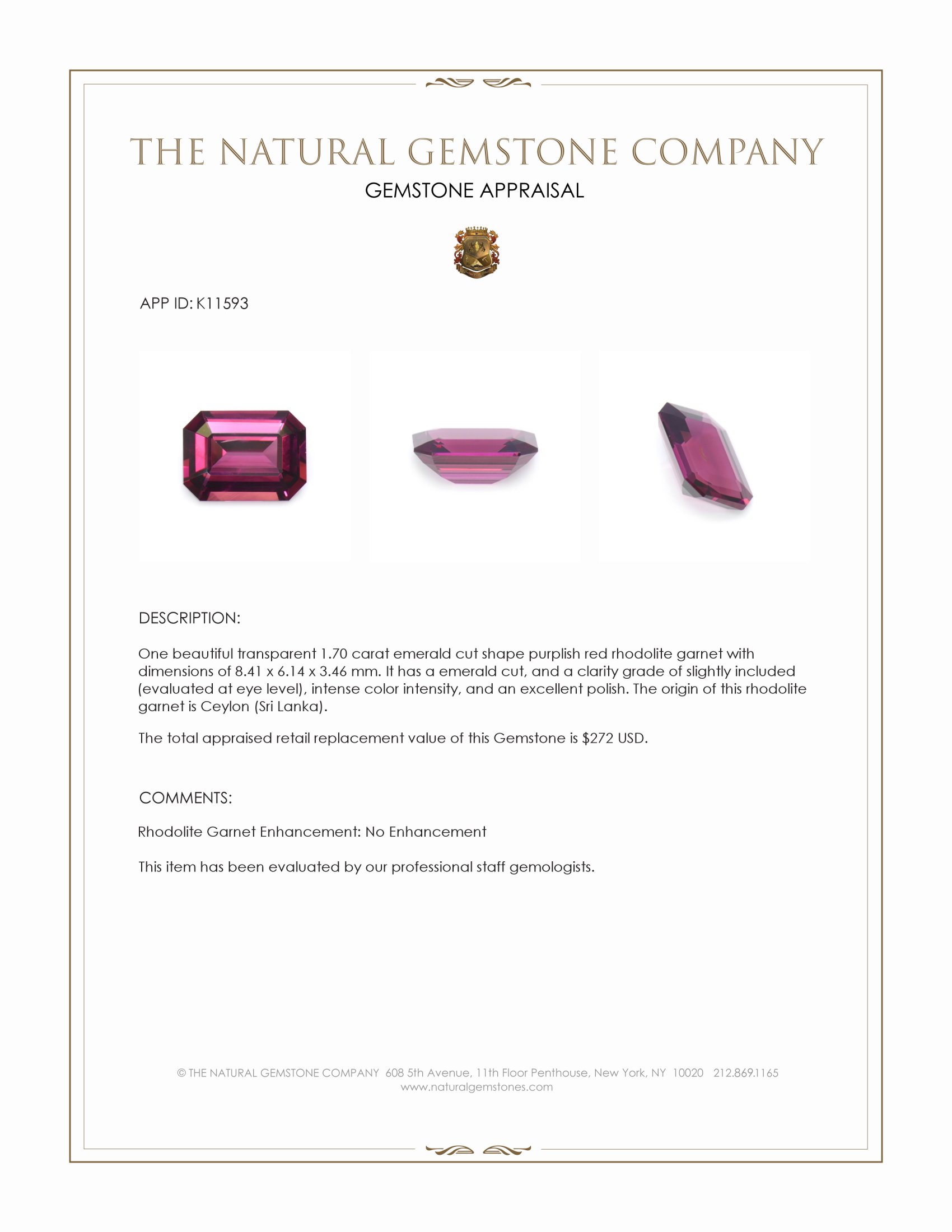 1.70 Ct. Rhodolite Garnet from Ceylon (Sri Lanka)