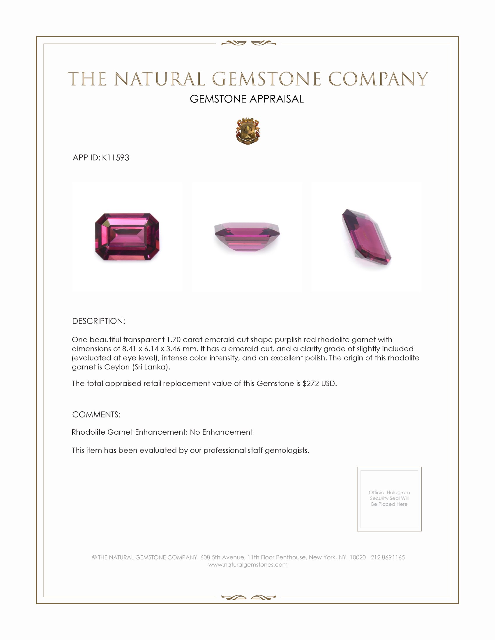 1.70 Ct. Rhodolite Garnet from Ceylon (Sri Lanka)