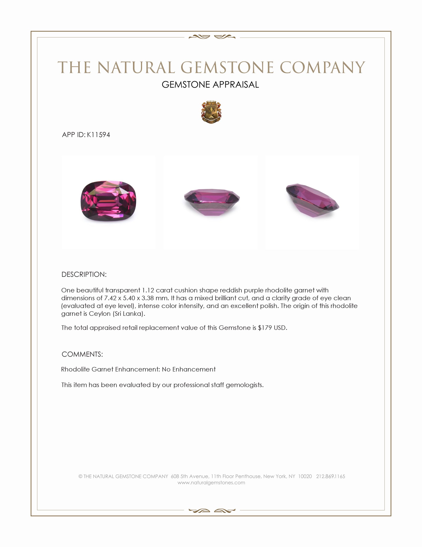 1.12 Ct. Rhodolite Garnet from Ceylon (Sri Lanka)