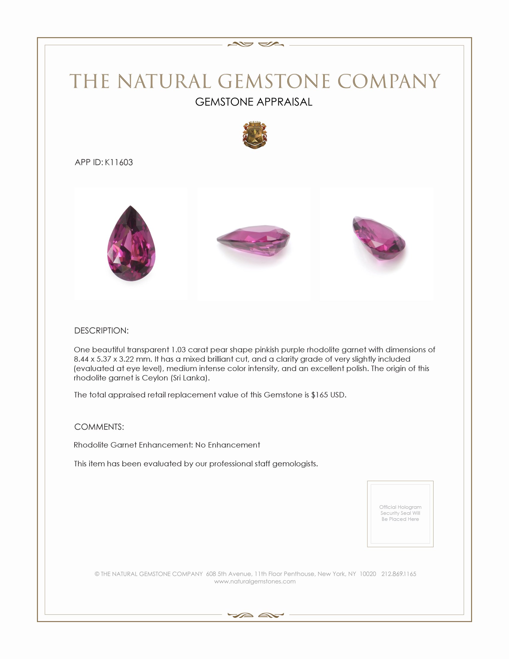 1.03 Ct. Pinkish Purple Rhodolite Garnet from Ceylon (Sri Lanka)