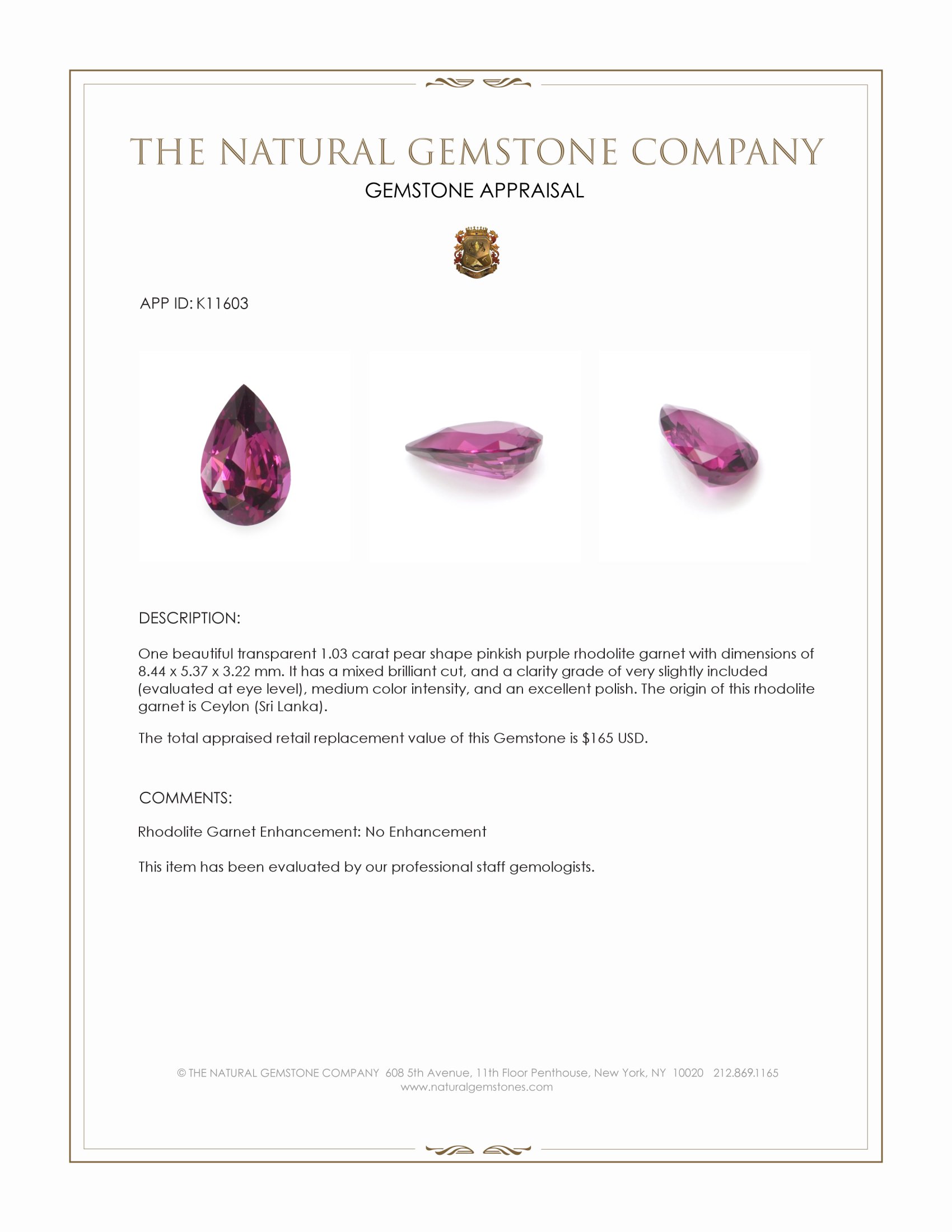 1.03 Ct. Rhodolite Garnet from Ceylon (Sri Lanka)