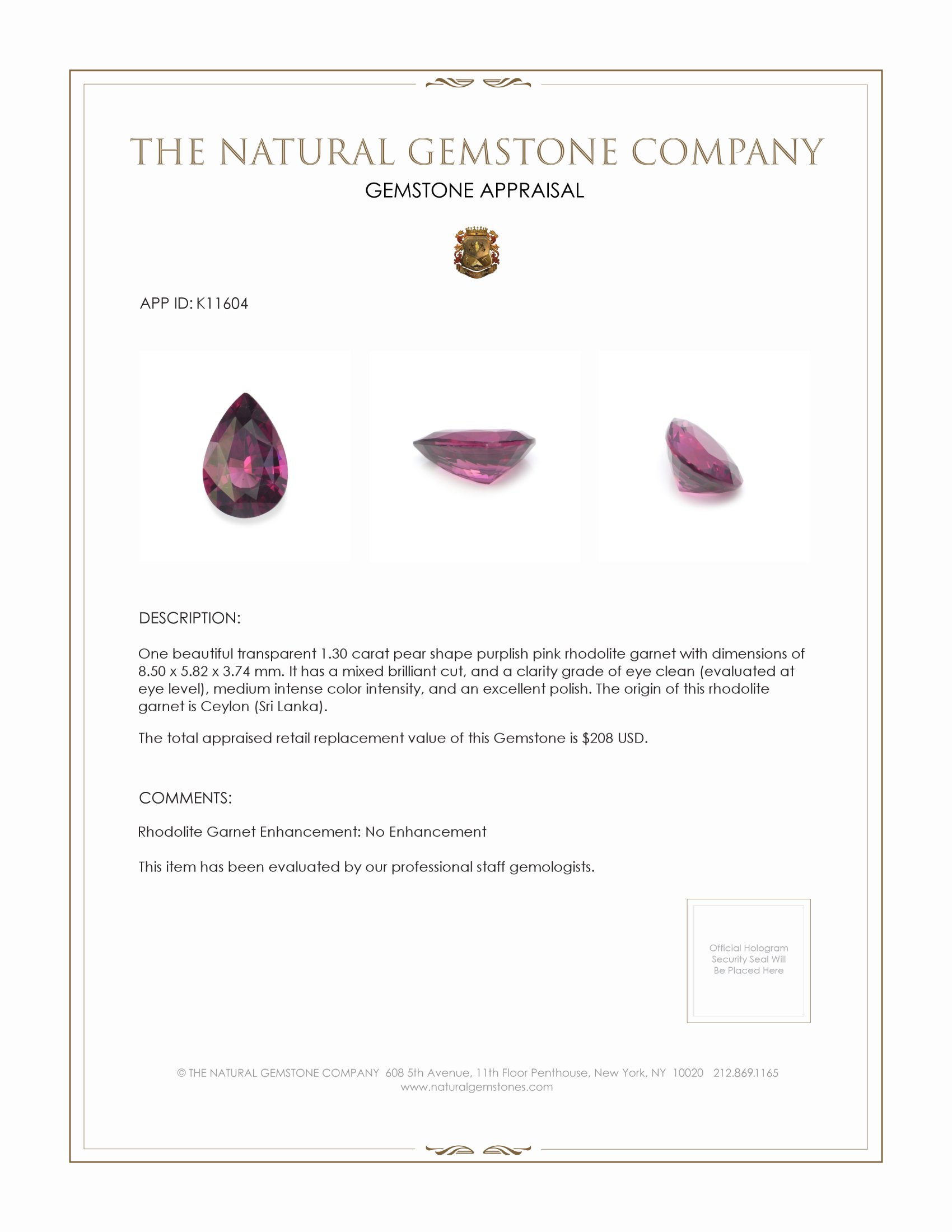 1.30 Ct. Purplish Pink Rhodolite Garnet from Ceylon (Sri Lanka)