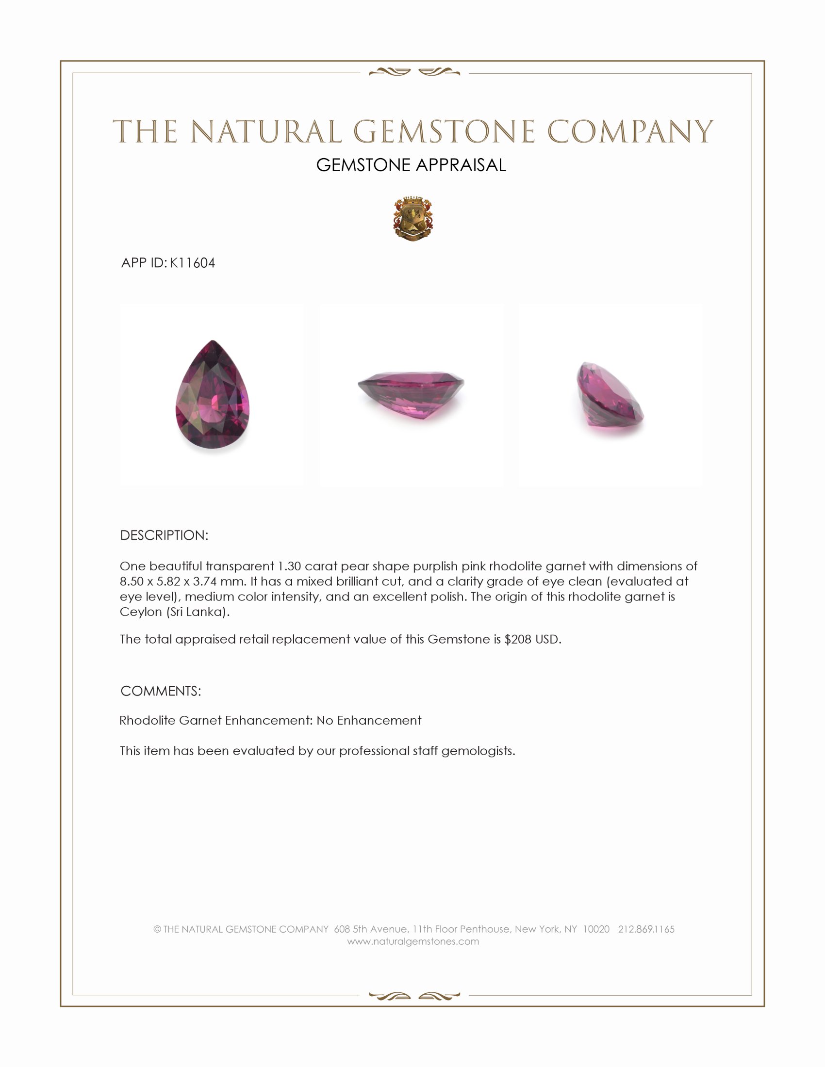 1.30 Ct. Rhodolite Garnet from Ceylon (Sri Lanka)