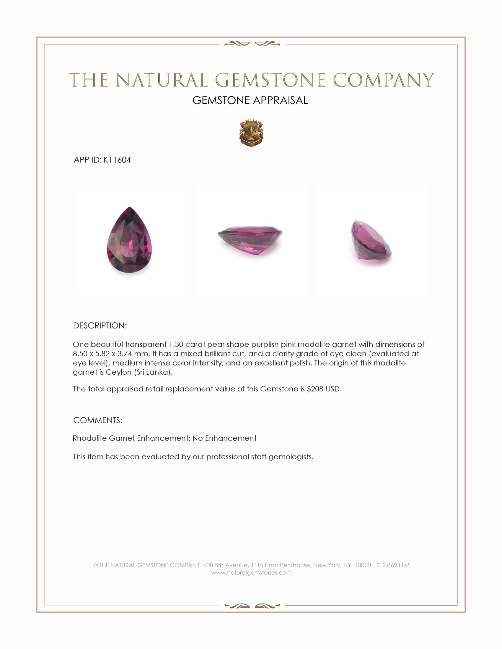1.30 Ct. Rhodolite Garnet from Ceylon (Sri Lanka)