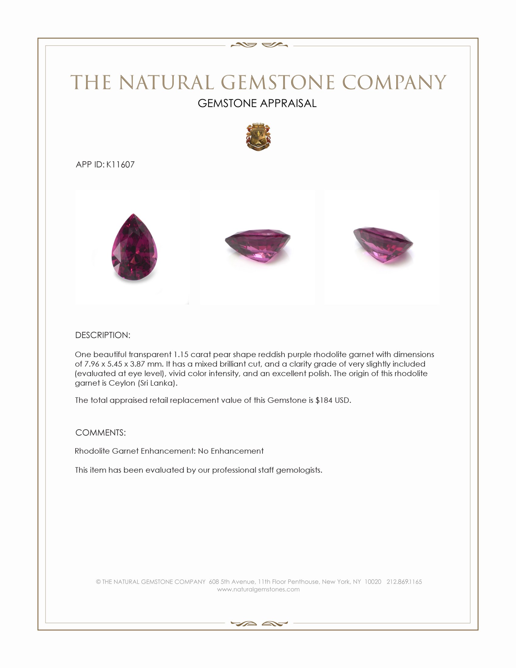 1.15 Ct. Rhodolite Garnet from Ceylon (Sri Lanka)