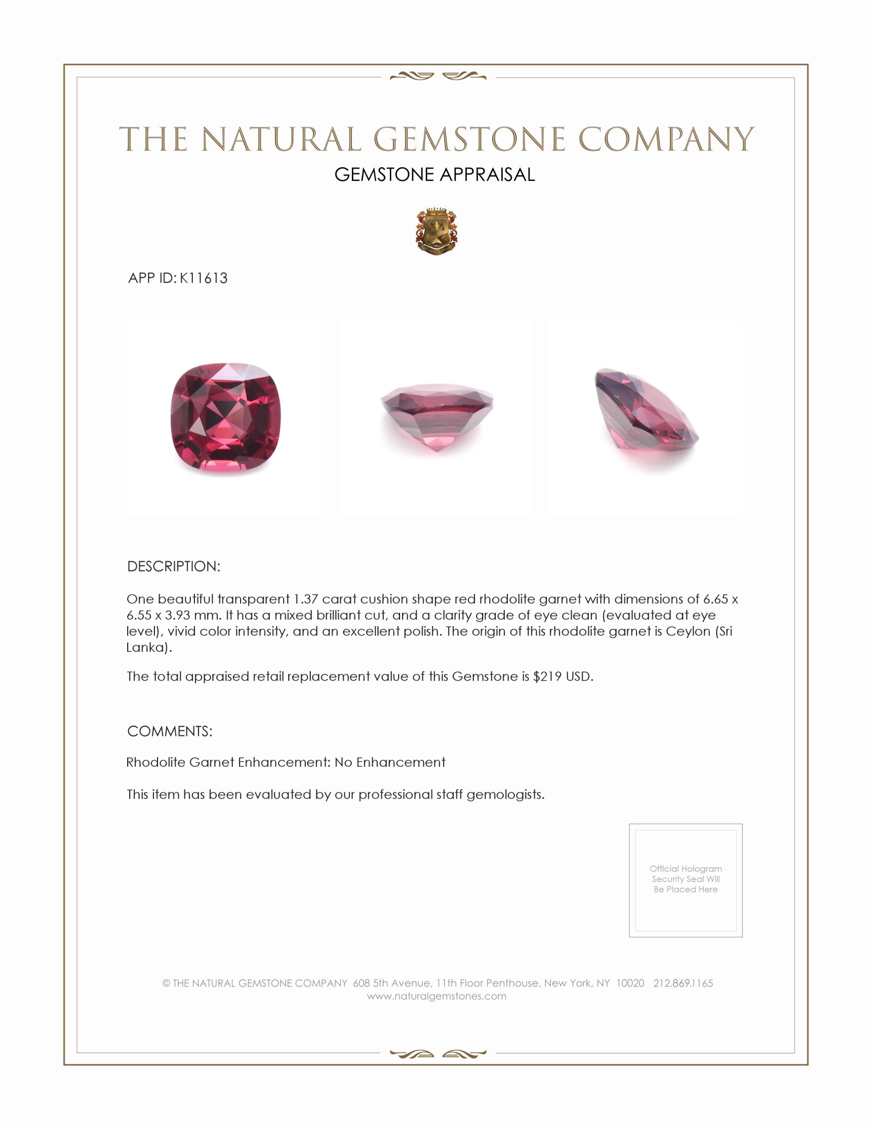 1.37 Ct. Red Rhodolite Garnet from Ceylon (Sri Lanka)