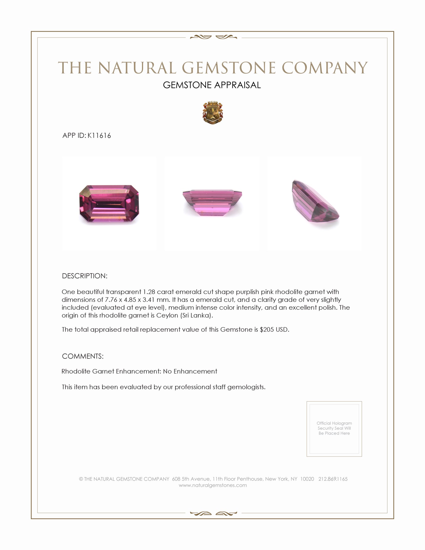 1.28 Ct. Rhodolite Garnet from Ceylon (Sri Lanka)