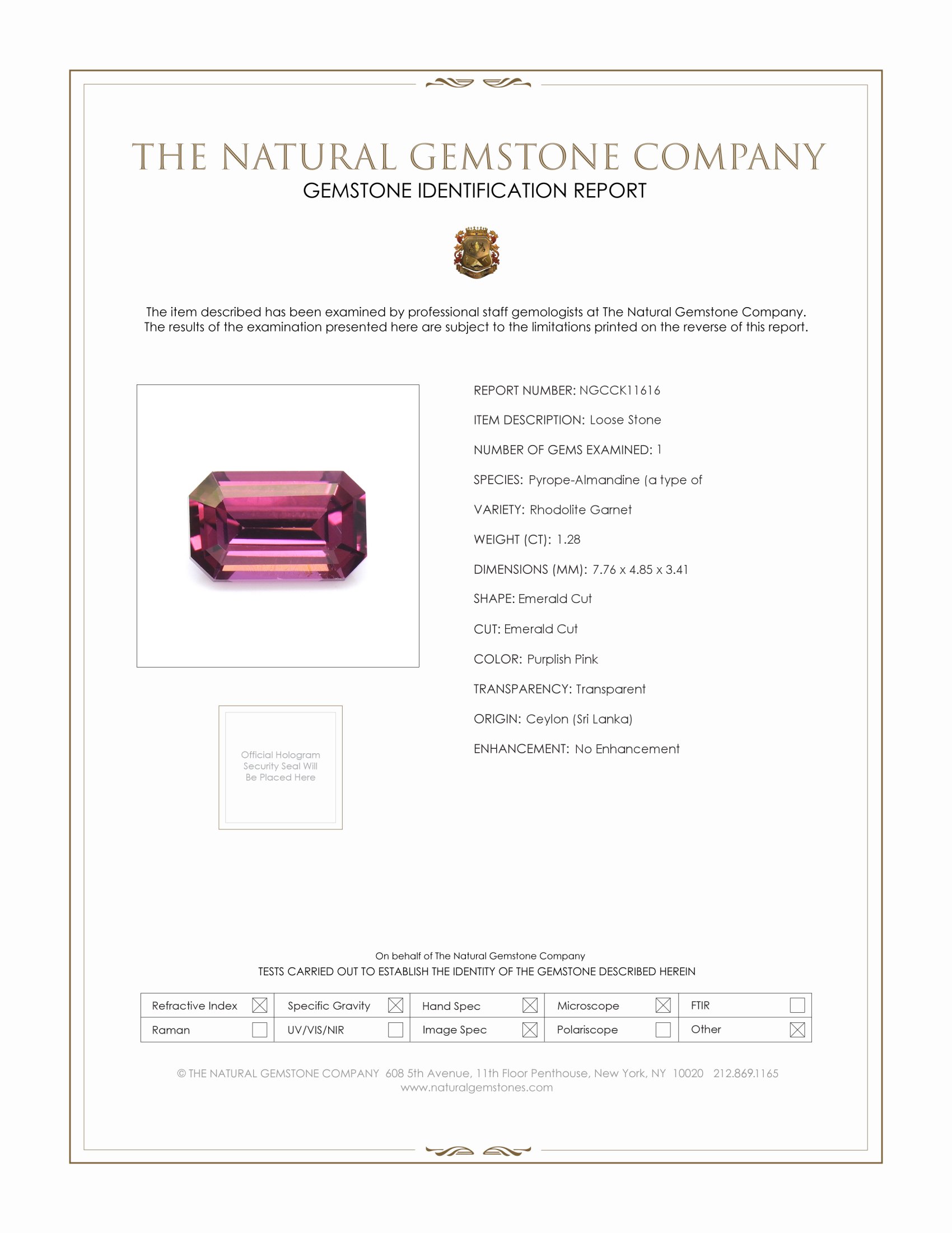 1.28 Ct. Rhodolite Garnet from Ceylon (Sri Lanka)