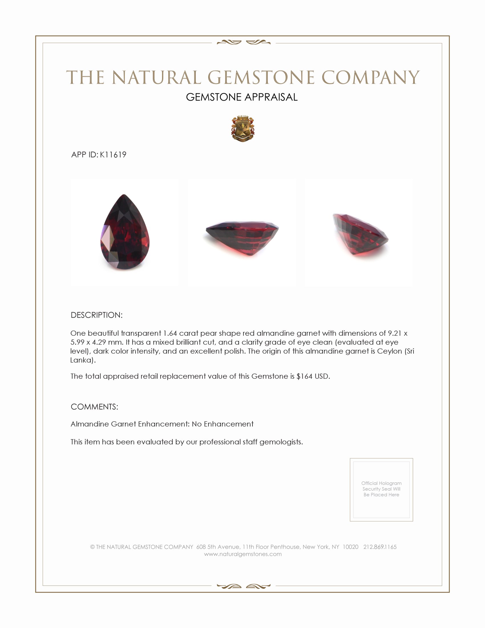 1.64 Ct. Red Almandine Garnet from Ceylon (Sri Lanka)