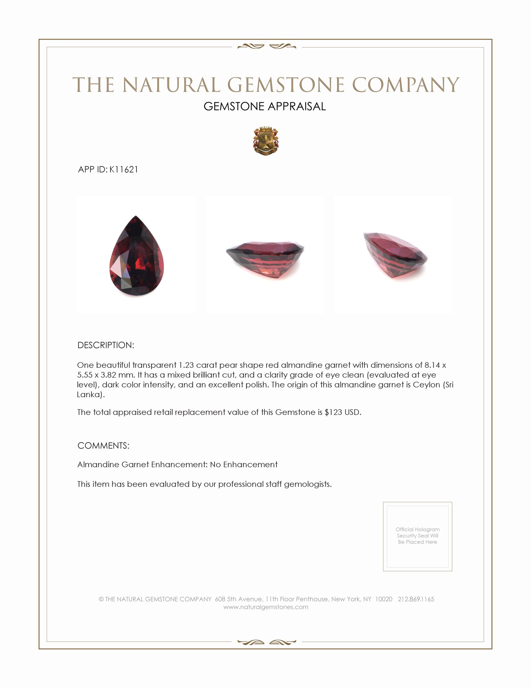 1.23 Ct. Almandine Garnet from Ceylon (Sri Lanka)