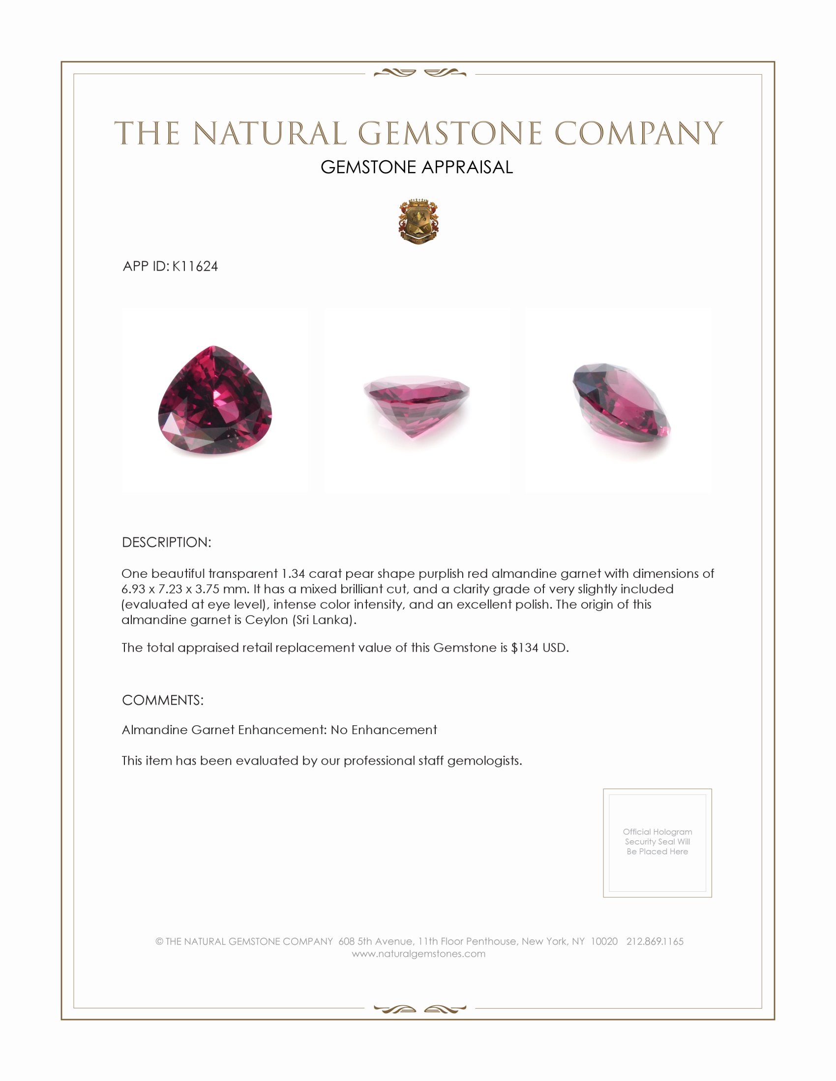 1.34 Ct. Purplish Red Almandine Garnet from Ceylon (Sri Lanka)