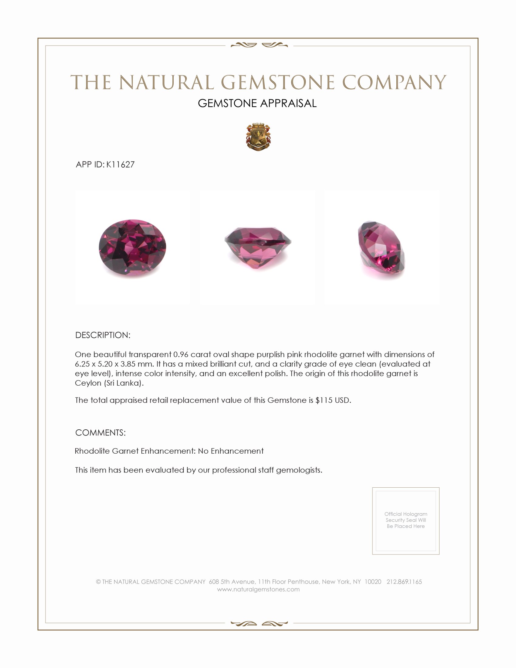 0.96 Ct. Purplish Pink Rhodolite Garnet from Ceylon (Sri Lanka)