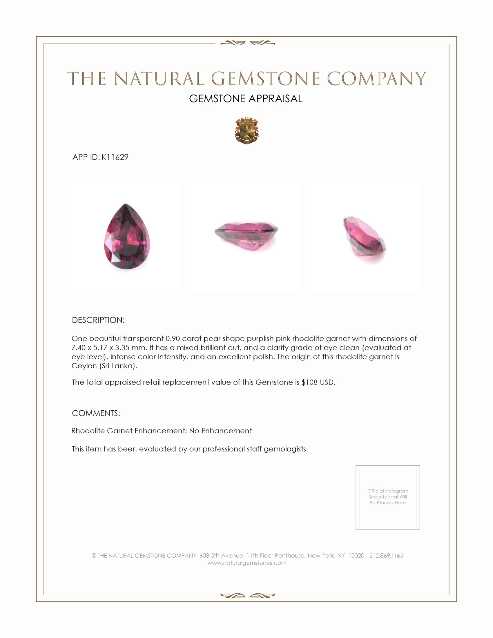 0.90 Ct. Purplish Pink Rhodolite Garnet from Ceylon (Sri Lanka)