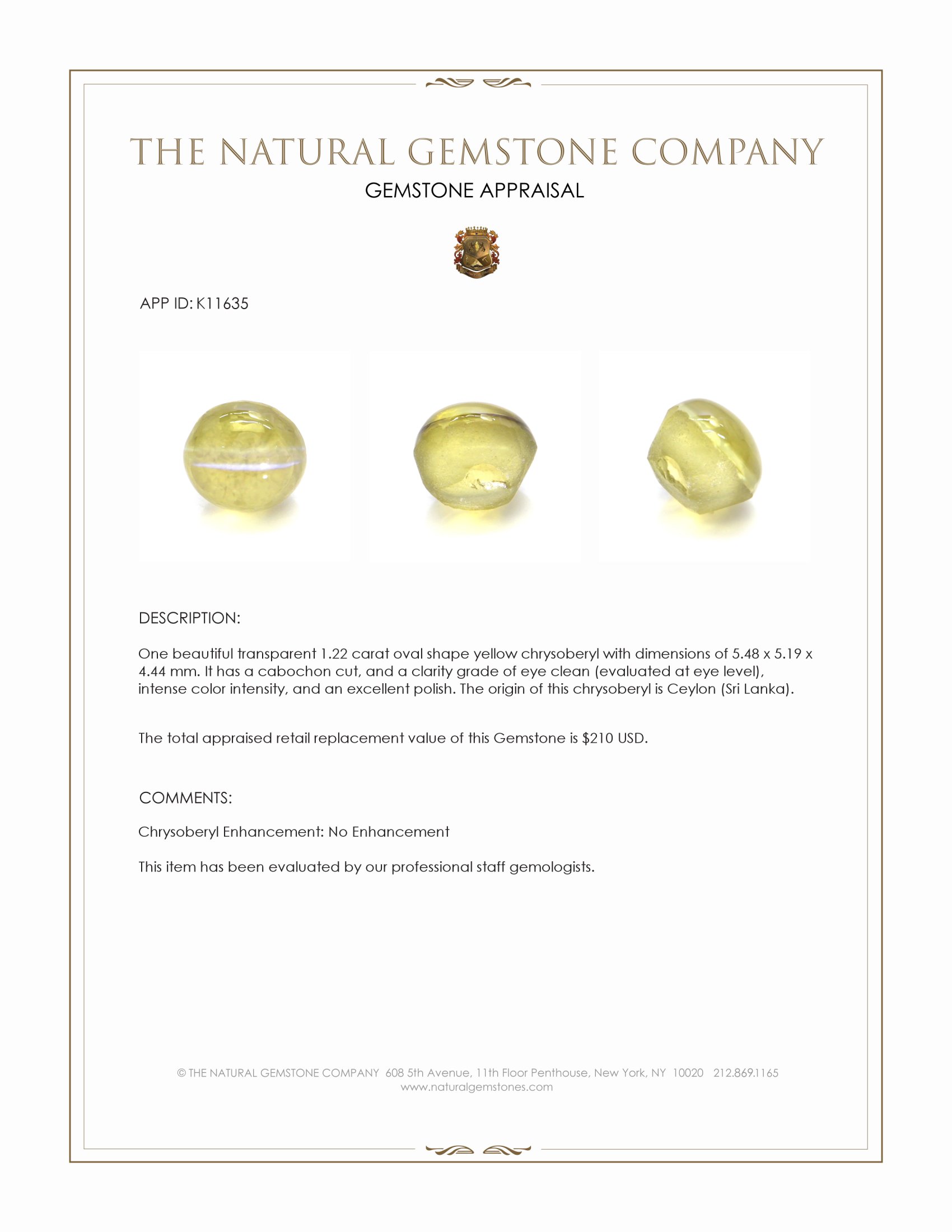 1.22 Ct. Yellow Cabochon Chrysoberyl from Ceylon (Sri Lanka)