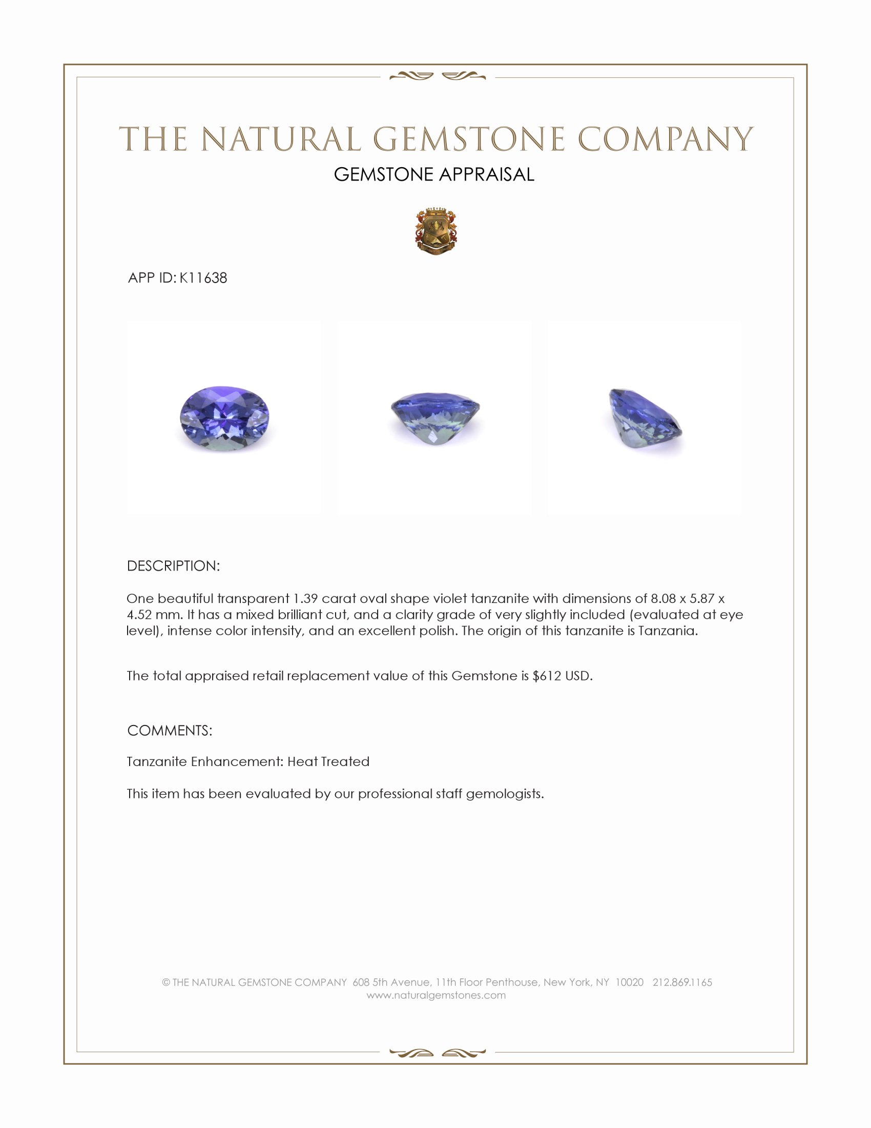 1.39 Ct. Violet Tanzanite from Tanzania