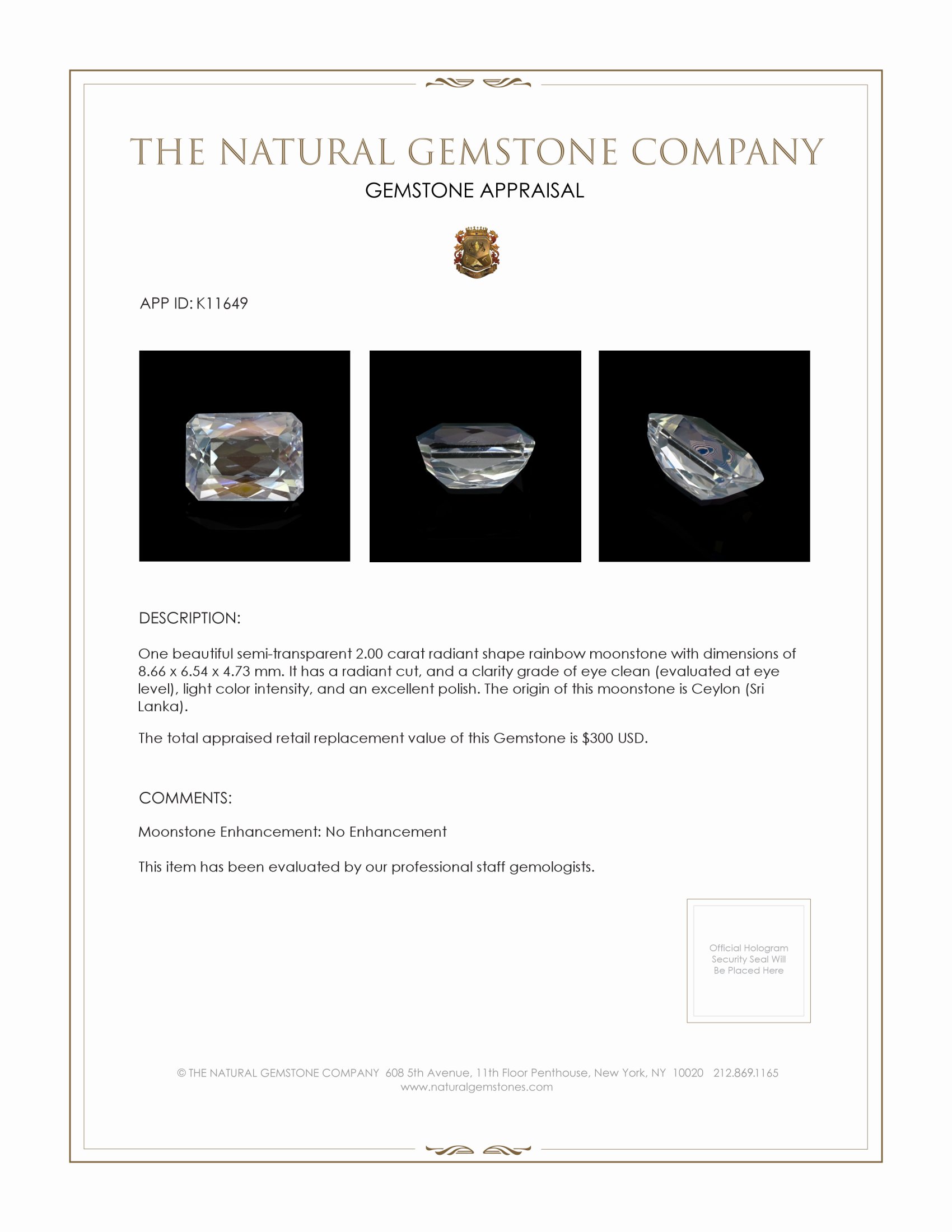 2.00 Ct. Moonstone from Ceylon (Sri Lanka)