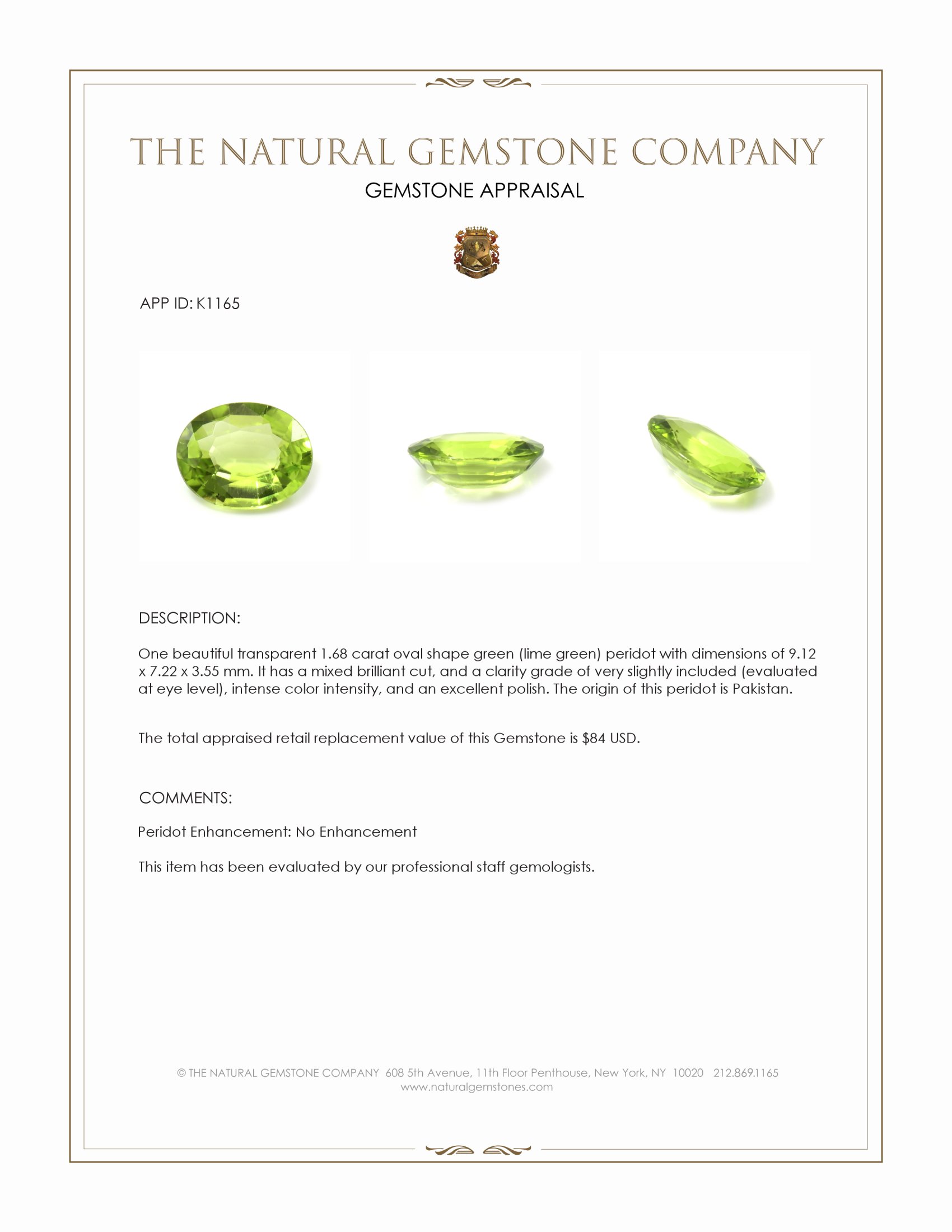 1.68 Ct. Green (Lime Green) Peridot from Pakistan