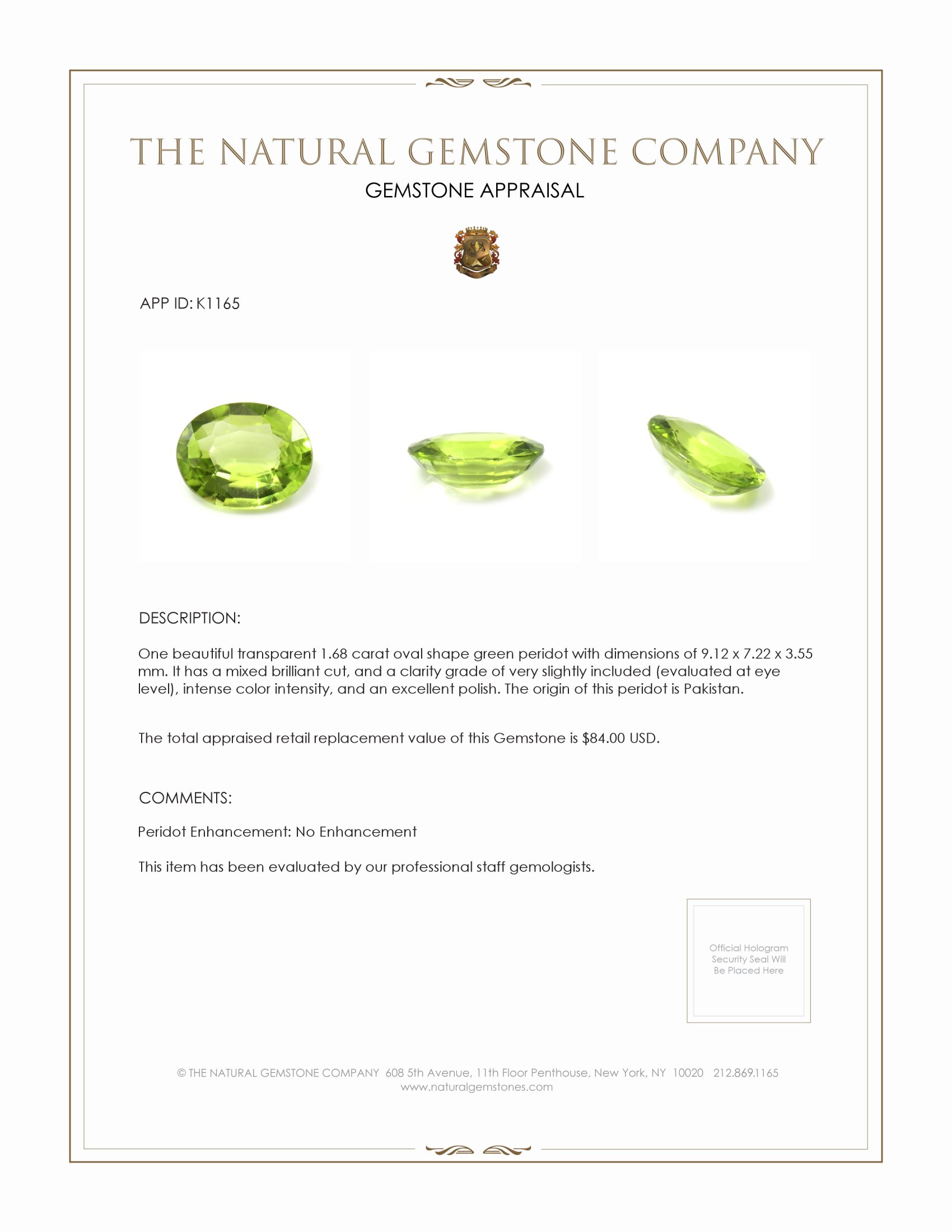 1.68 Ct. Peridot from Pakistan