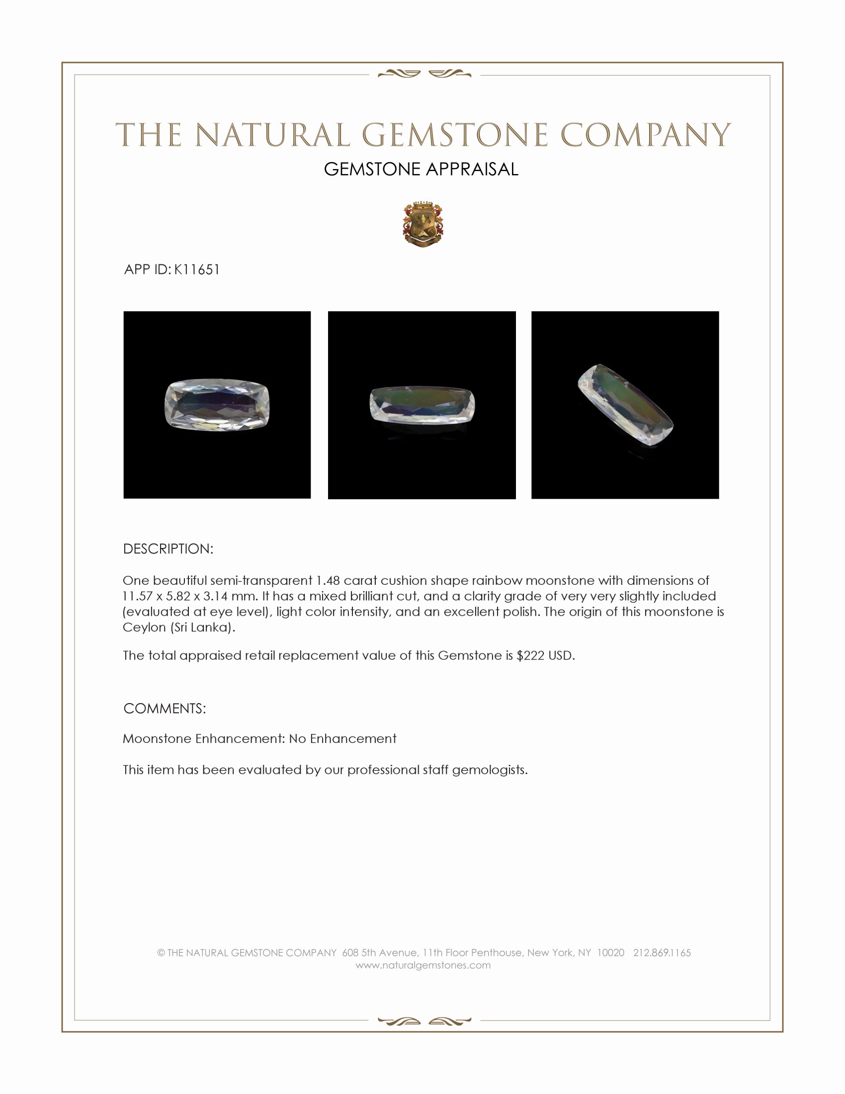 1.48 Ct. Moonstone from Ceylon (Sri Lanka)