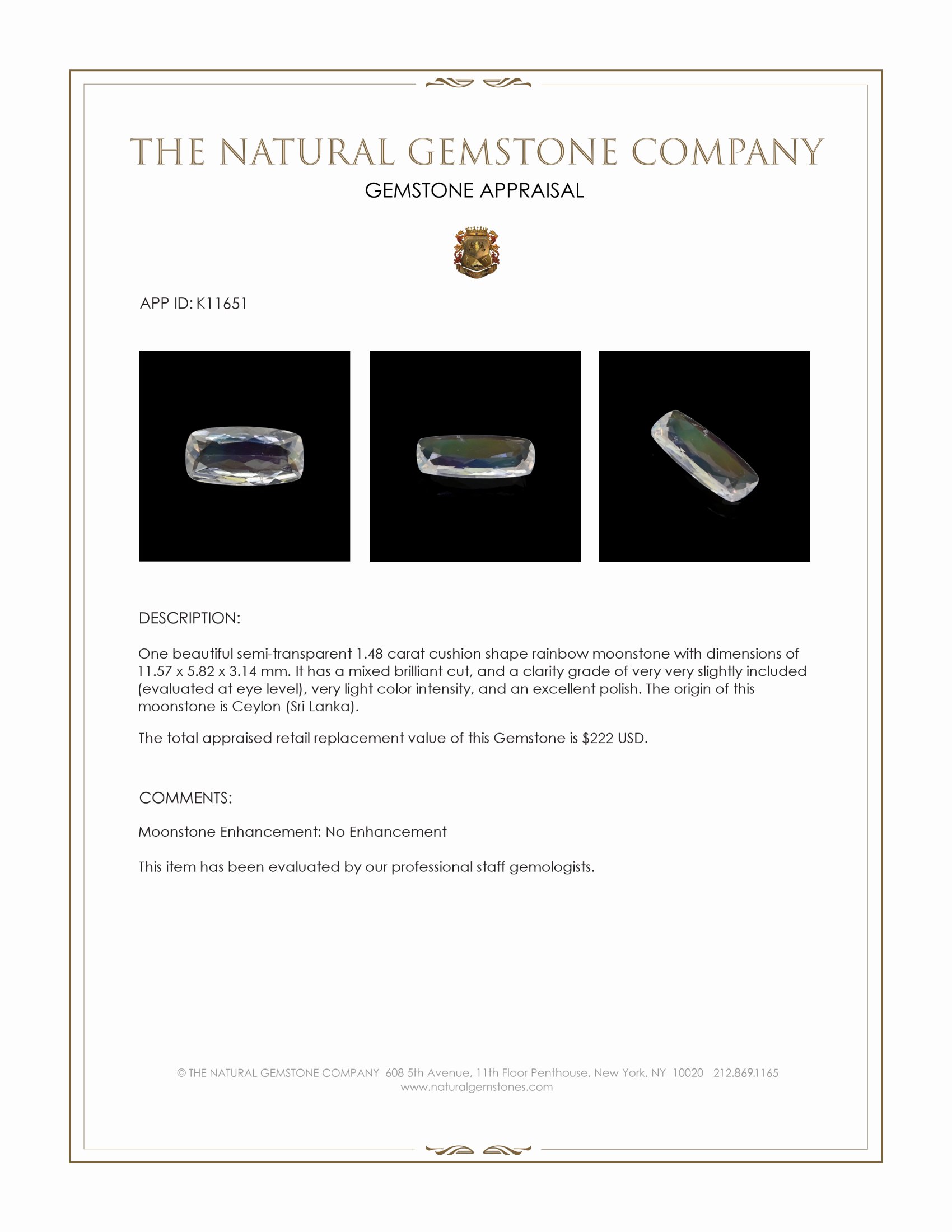 1.48 Ct. Moonstone from Ceylon (Sri Lanka)