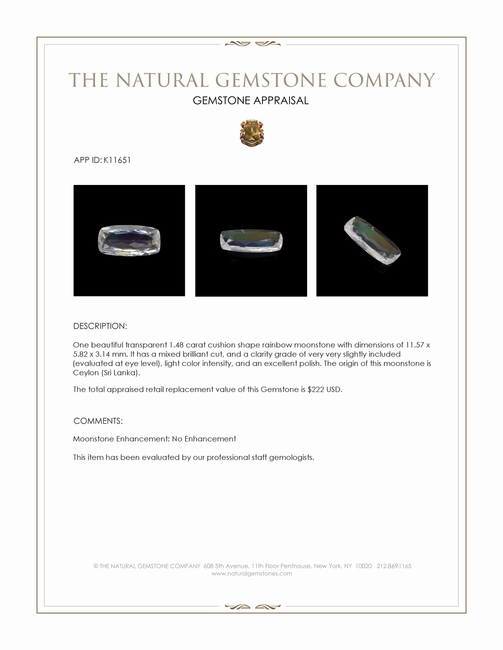 1.48 Ct. Rainbow Moonstone from Ceylon (Sri Lanka)