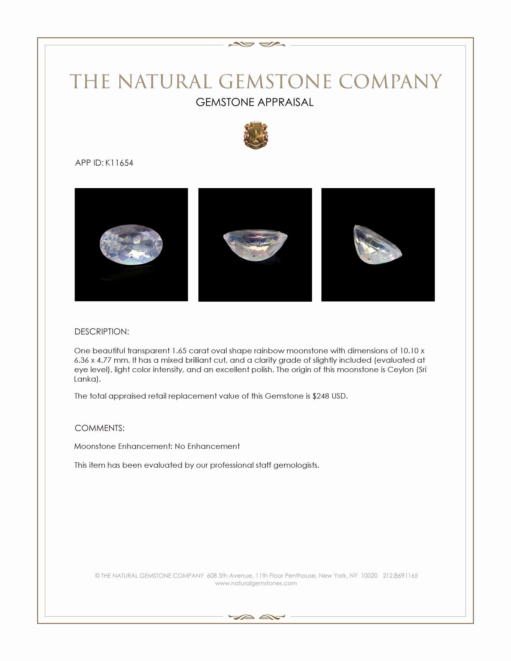 1.65 Ct. Rainbow Moonstone from Ceylon (Sri Lanka)