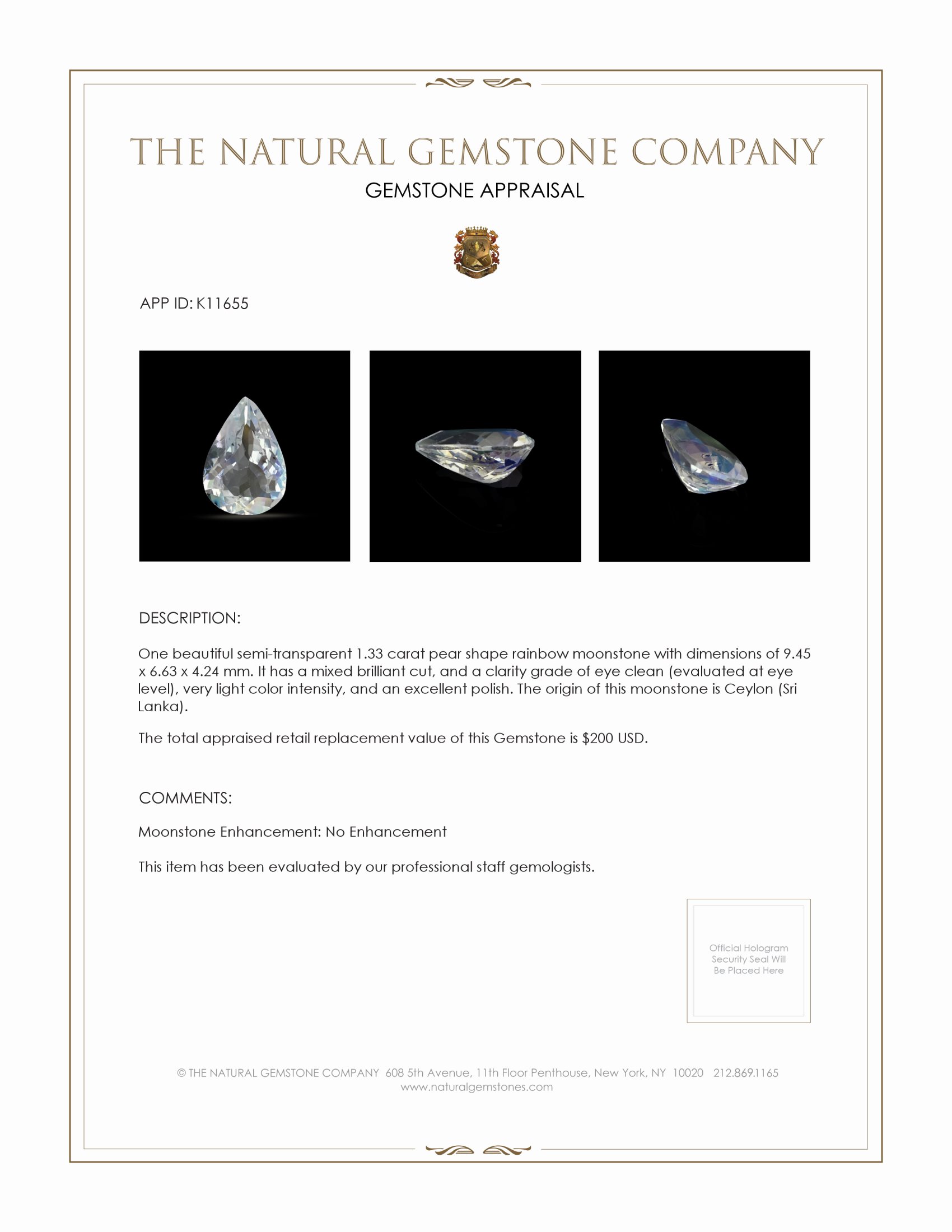 1.33 Ct. Rainbow Moonstone from Ceylon (Sri Lanka)