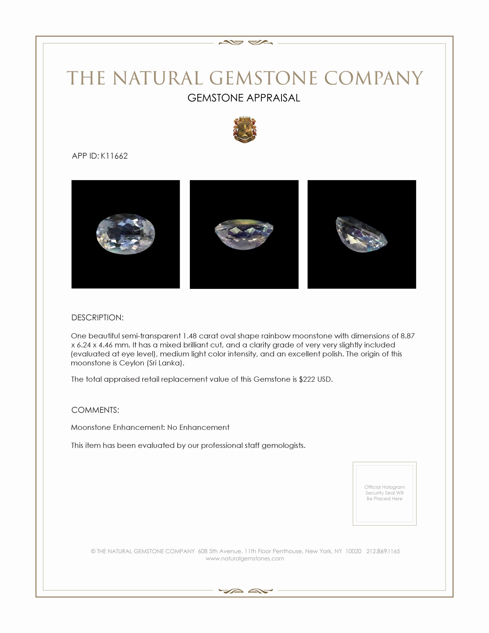 1.48 Ct. Moonstone from Ceylon (Sri Lanka)