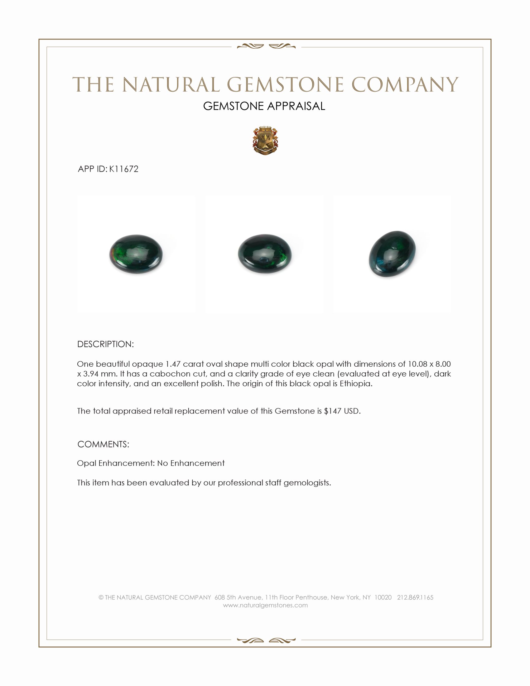 1.47 Ct. Cabochon Black Opal from Ethiopia