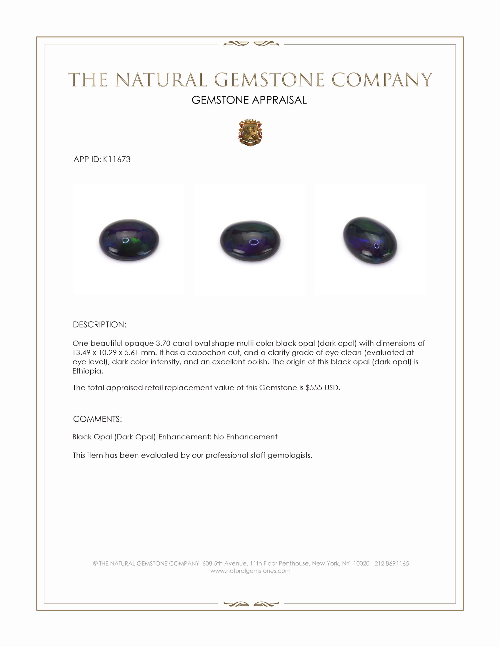 3.70 Ct. Multi Color Cabochon Black Opal (Dark Opal) from Ethiopia