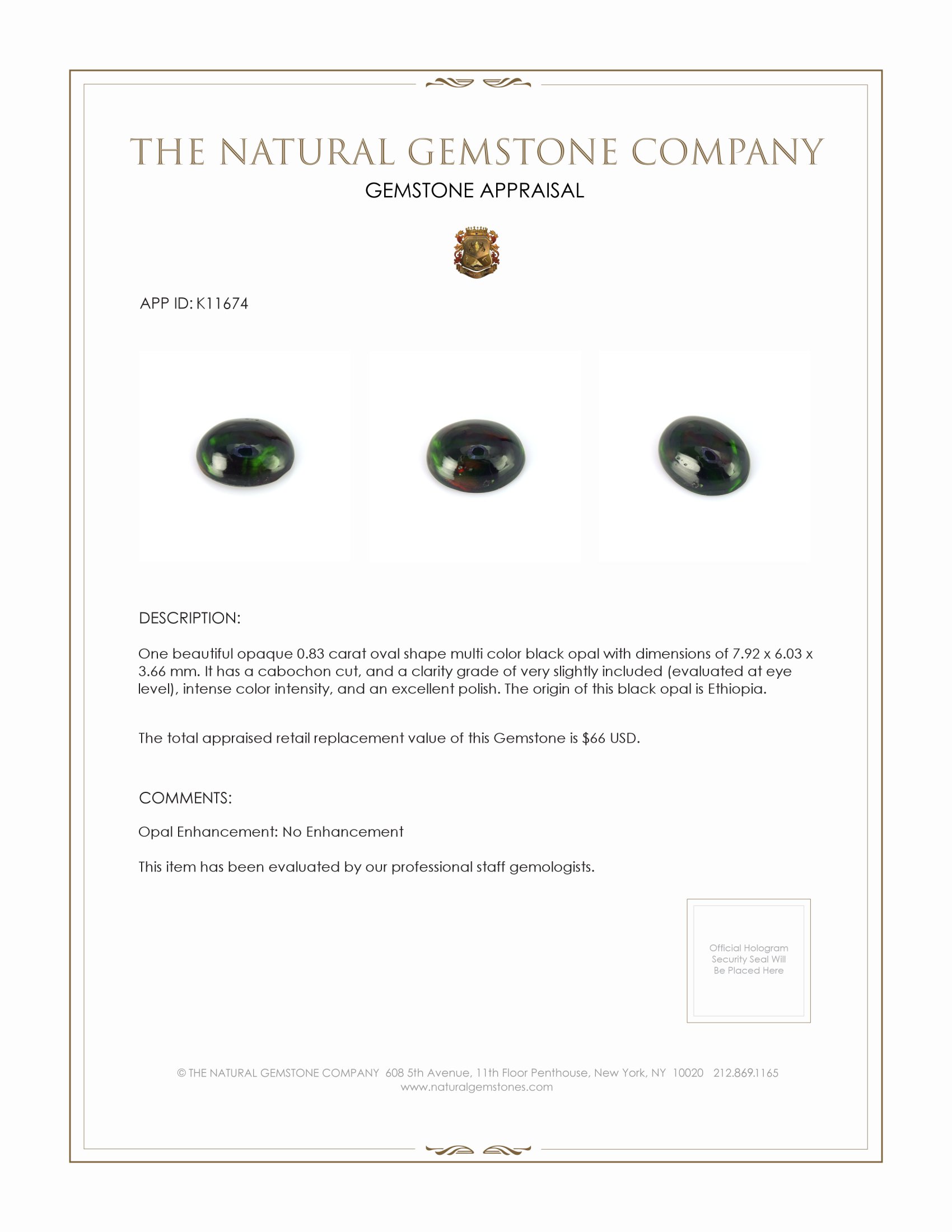 0.83 Ct. Cabochon Black Opal from Ethiopia