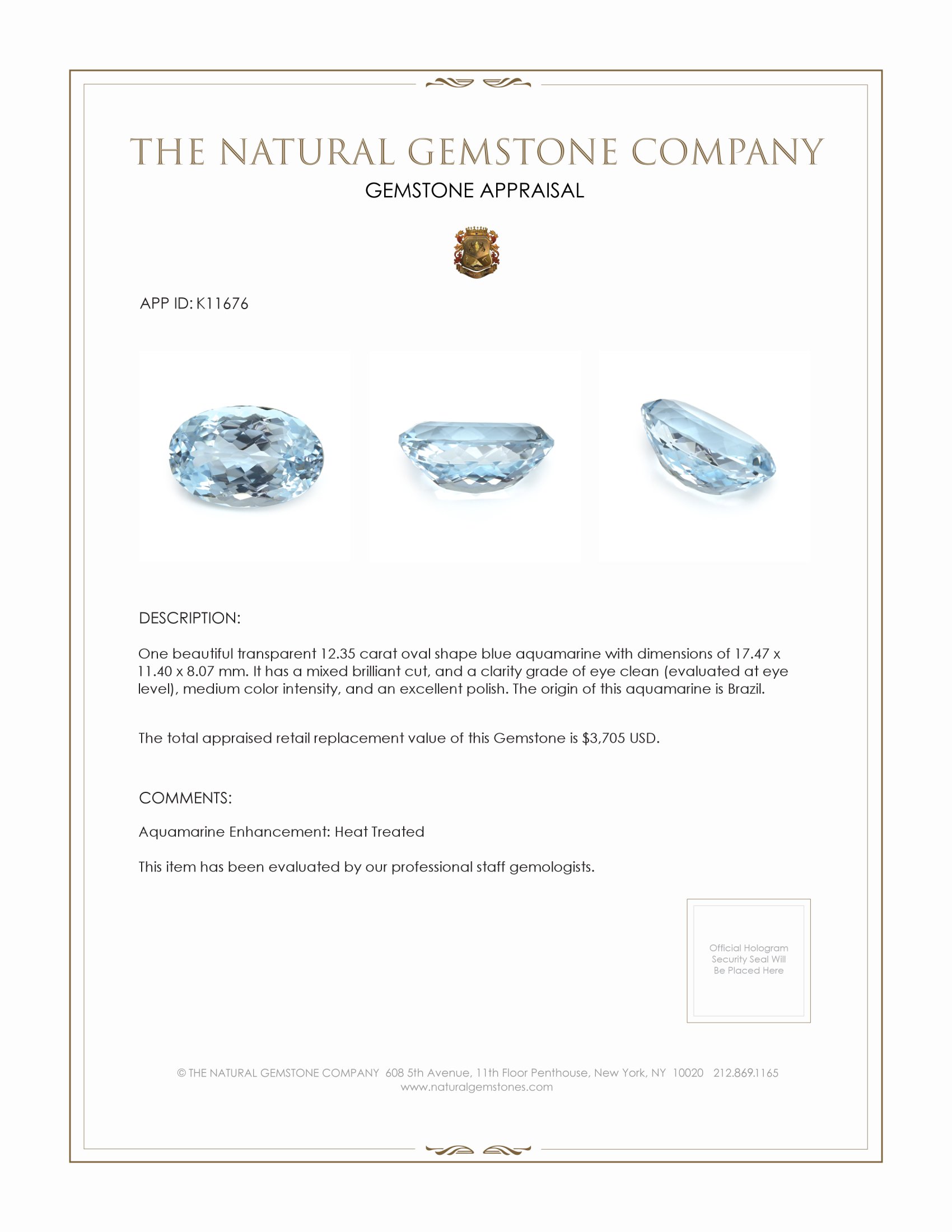 12.35 Ct. Aquamarine from Brazil