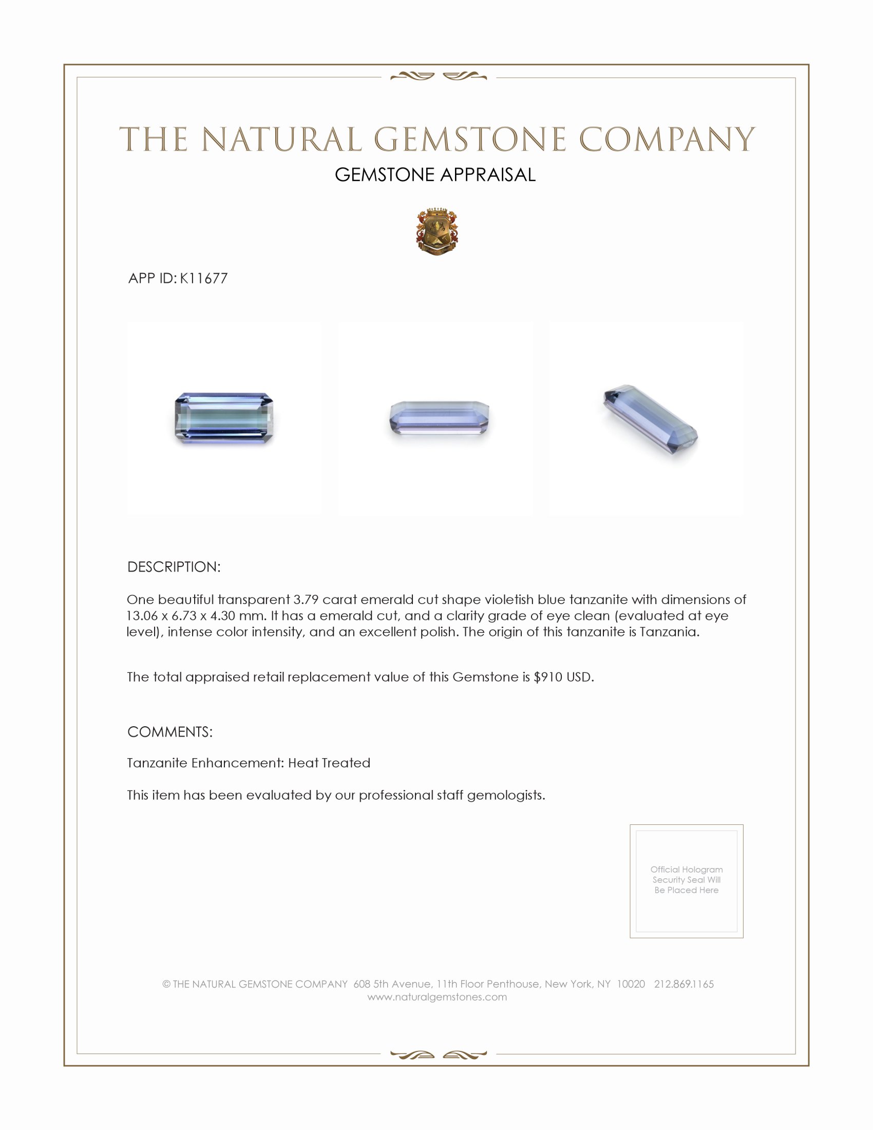 3.79 Ct. Tanzanite from Tanzania