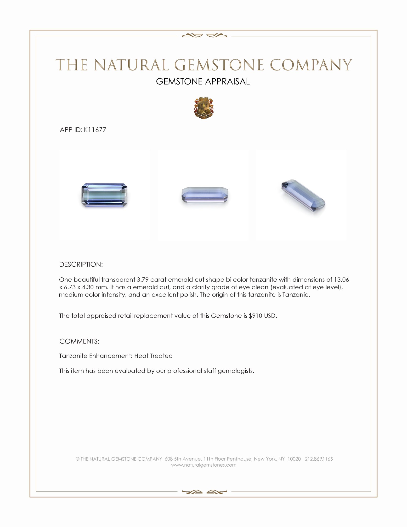 3.79 Ct. Tanzanite from Tanzania