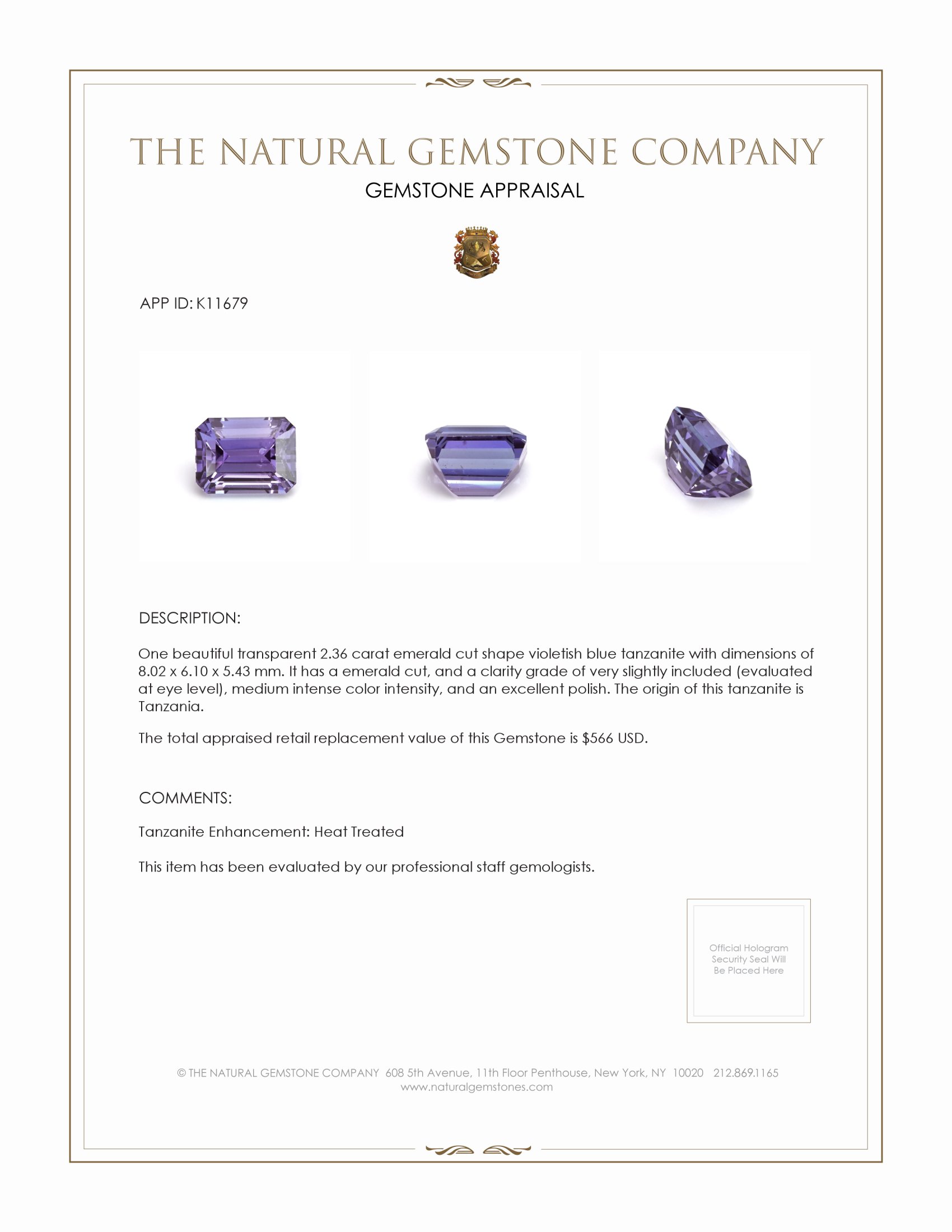 2.36 Ct. Tanzanite from Tanzania