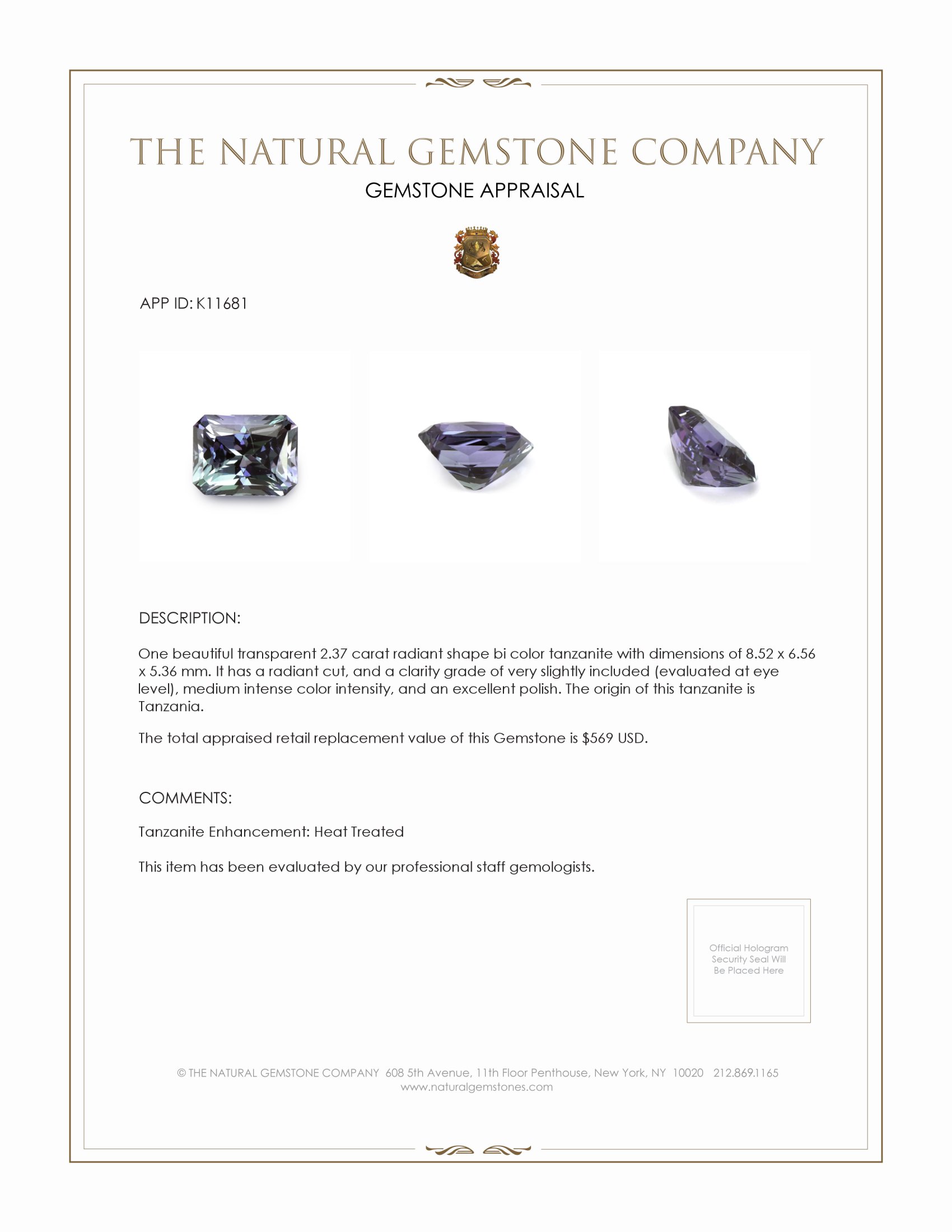 2.37 Ct. Tanzanite from Tanzania