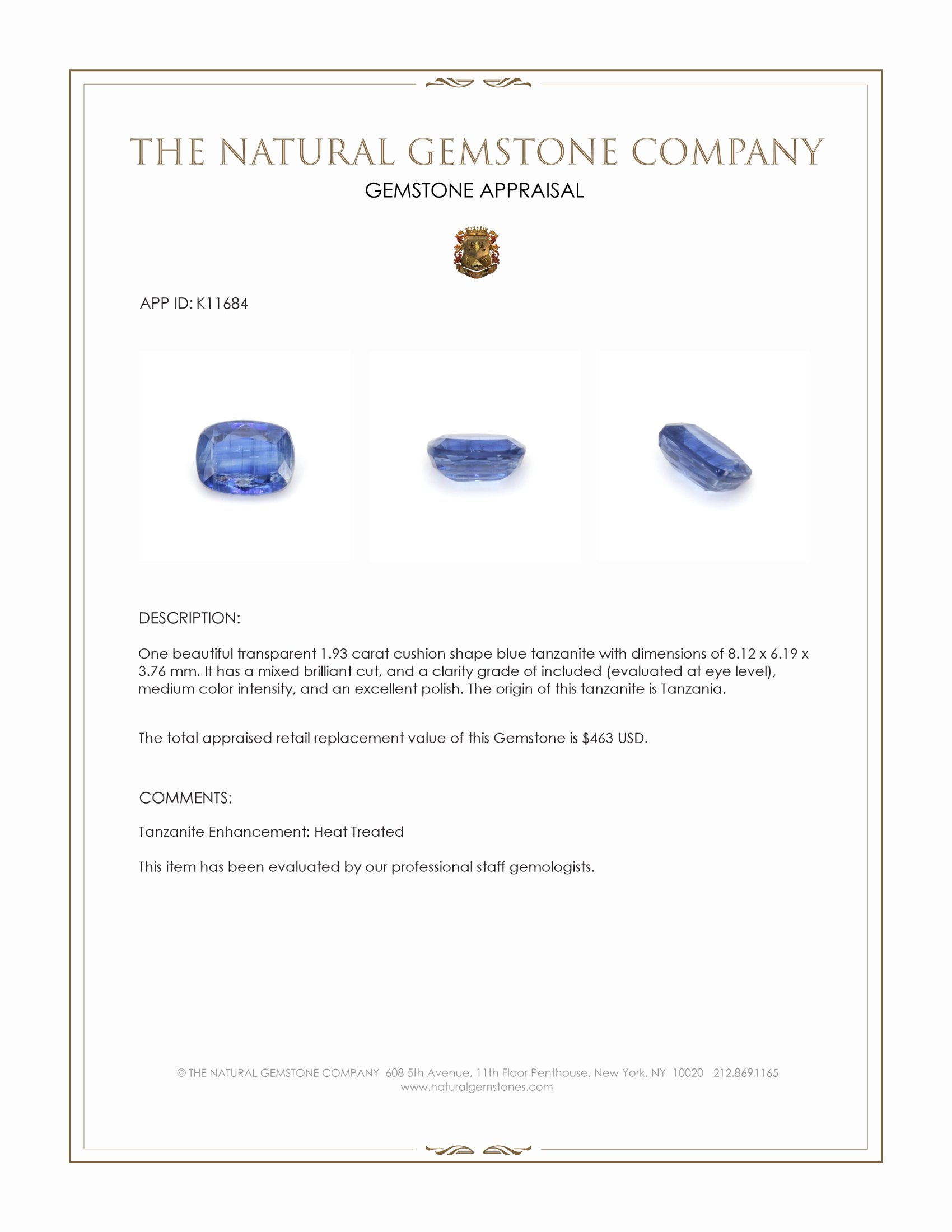 1.93 Ct. Tanzanite from Tanzania