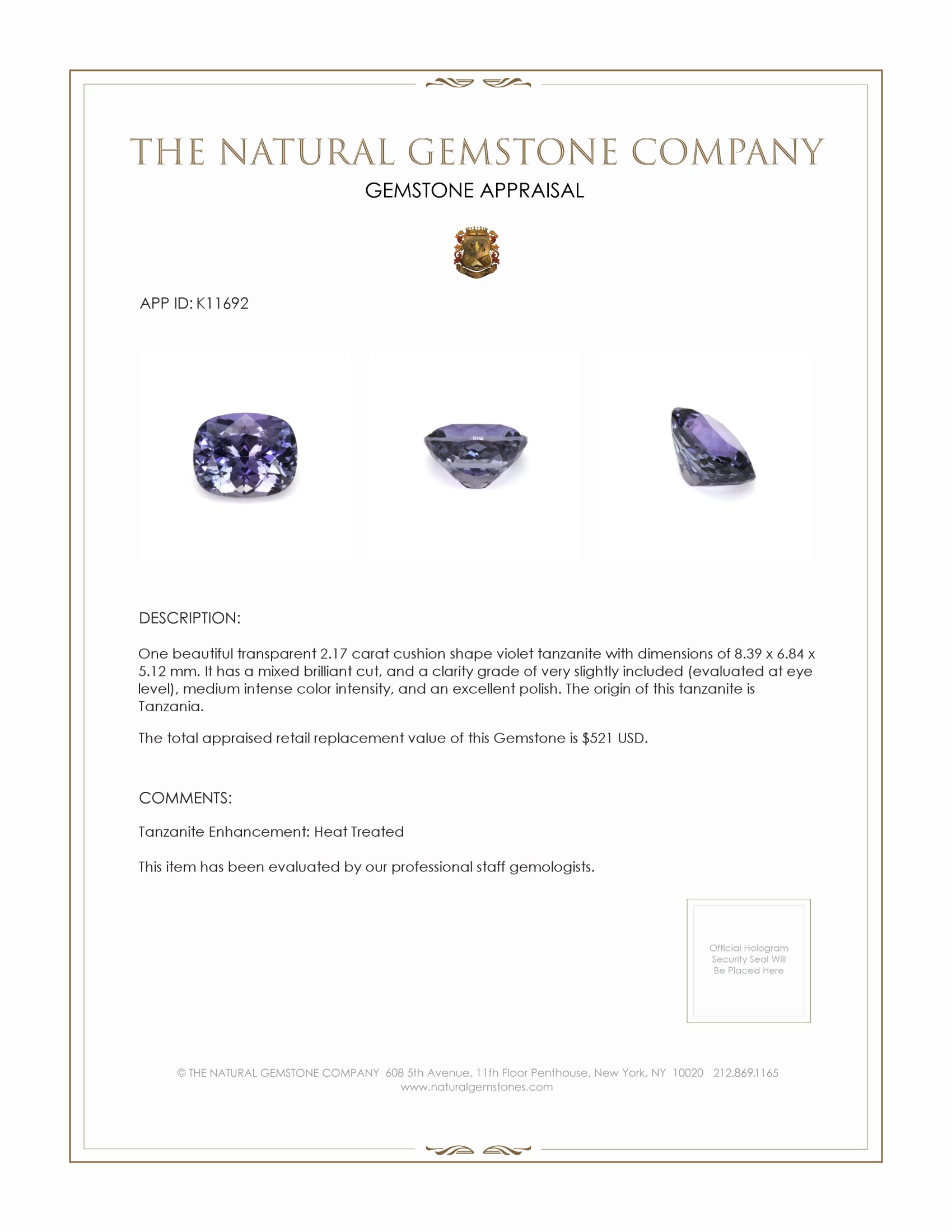 2.17 Ct. Tanzanite from Tanzania
