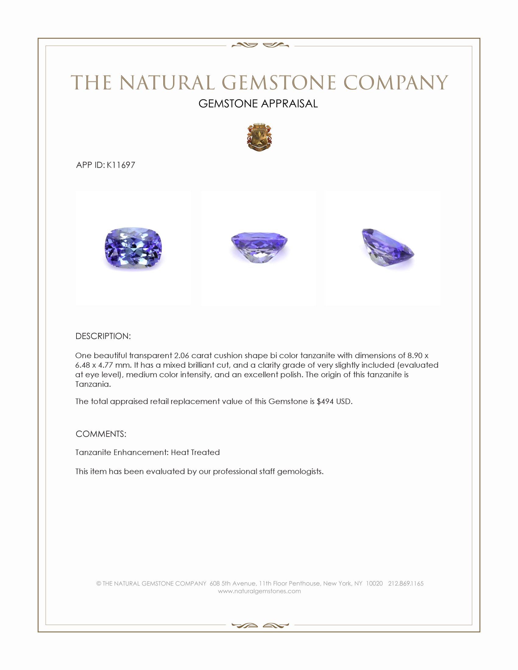 2.06 Ct. Tanzanite from Tanzania