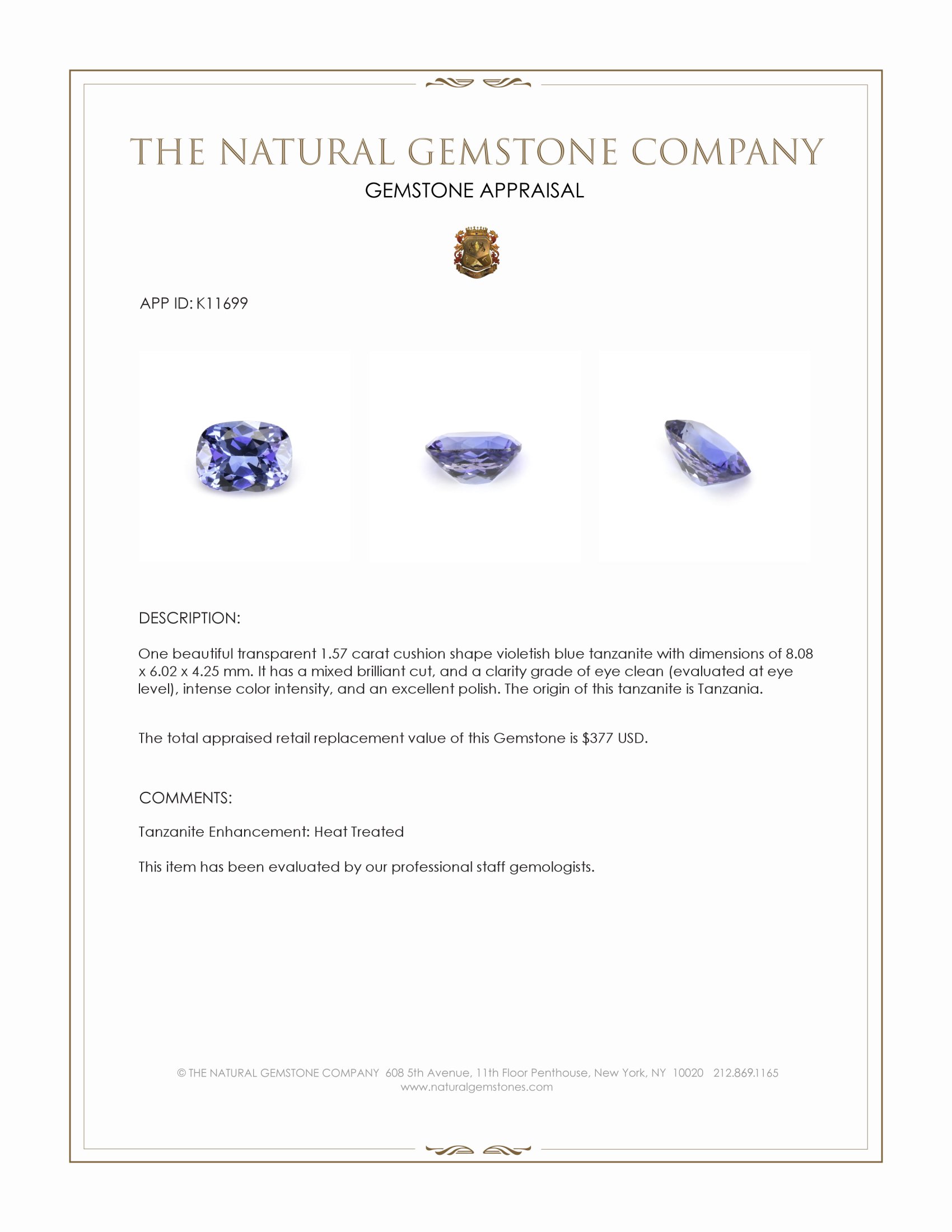 1.57 Ct. Tanzanite from Tanzania
