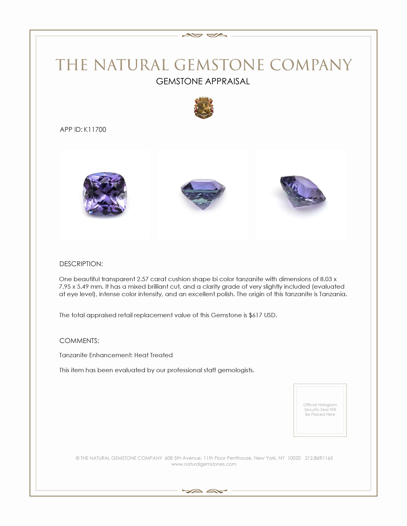 2.57 Ct. Tanzanite from Tanzania