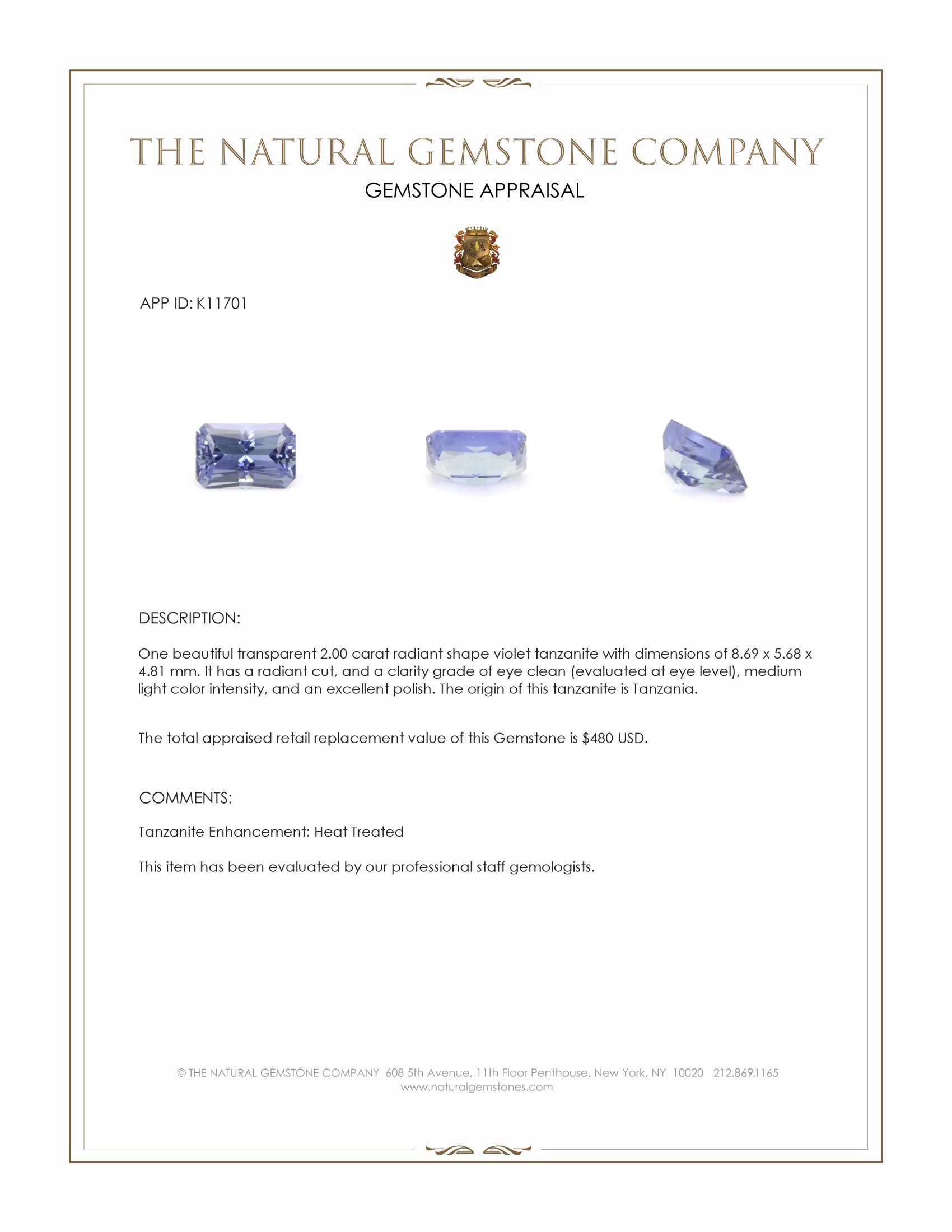 2.00 Ct. Tanzanite from Tanzania