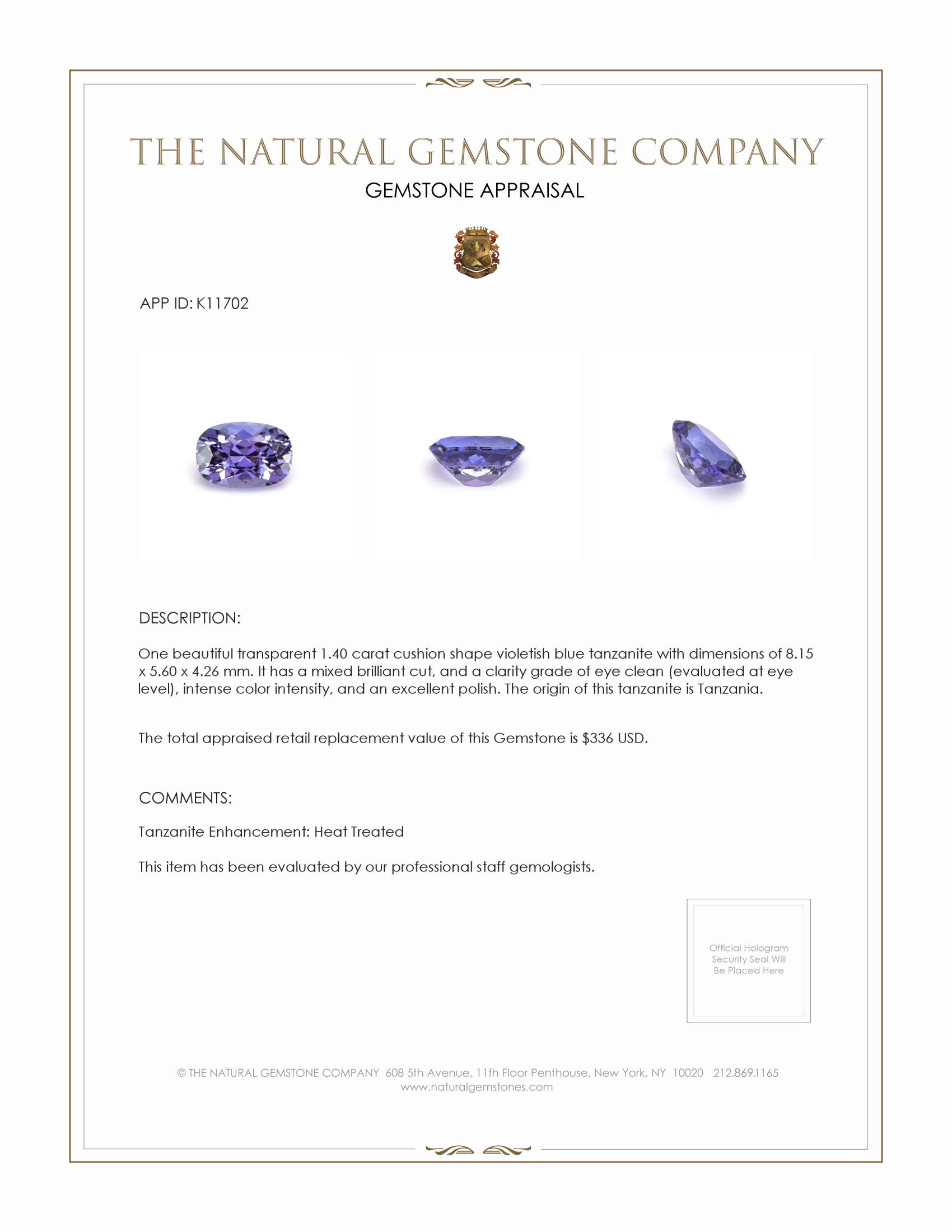 1.40 Ct. Tanzanite from Tanzania