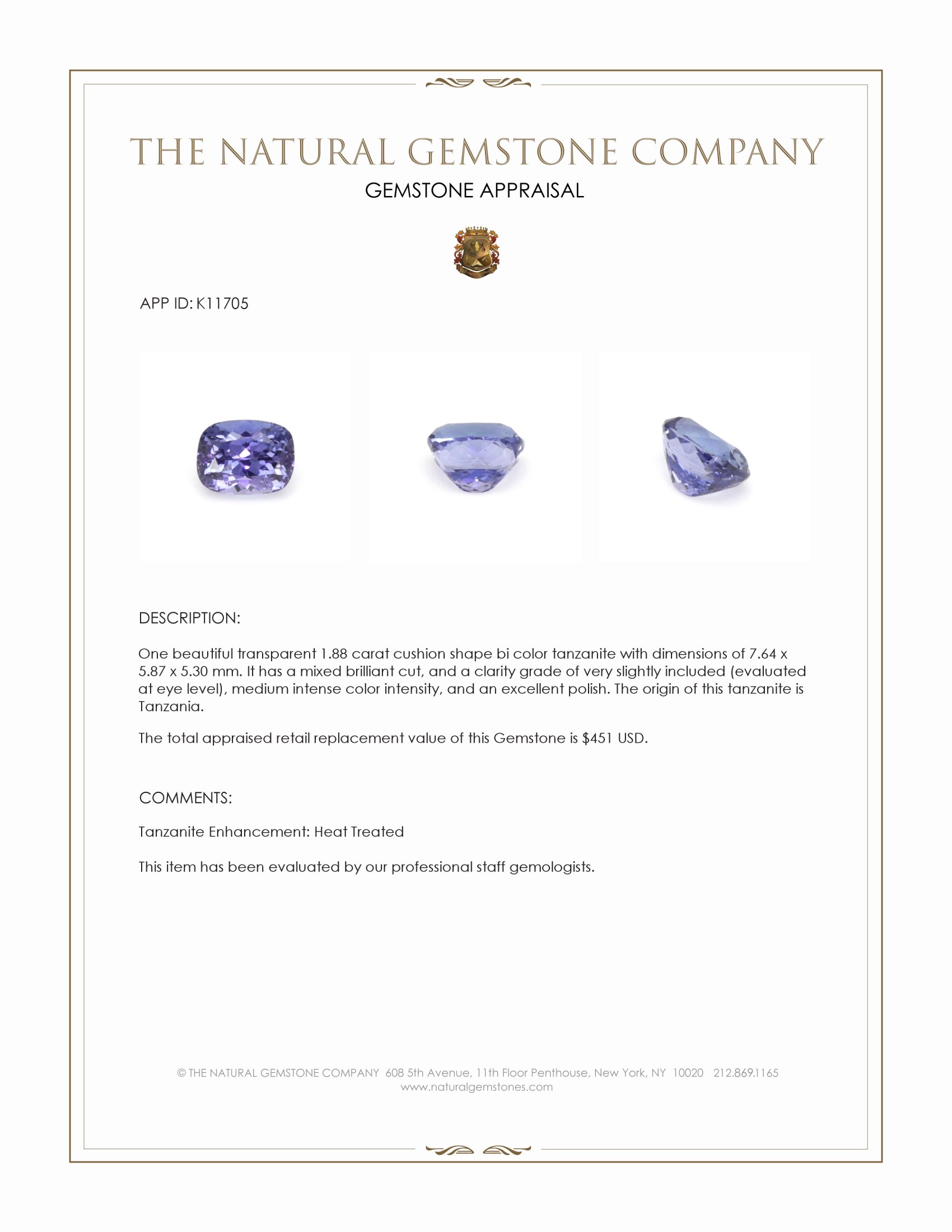 1.88 Ct. Tanzanite from Tanzania